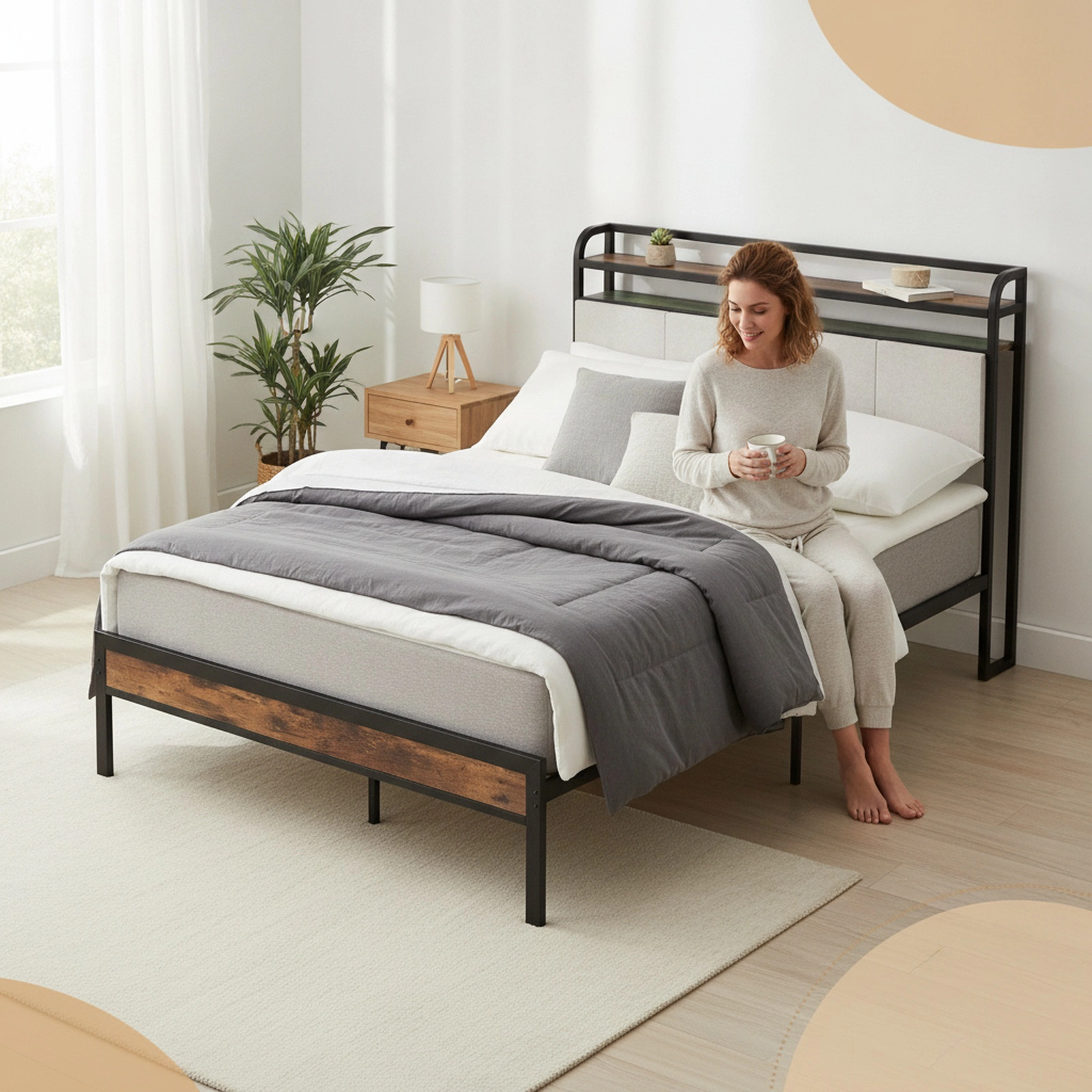 Full Size Metal Bed Frame with LED Light and Charging Station 2-Tier Storage Headboard Platform Bed Rustic Brown