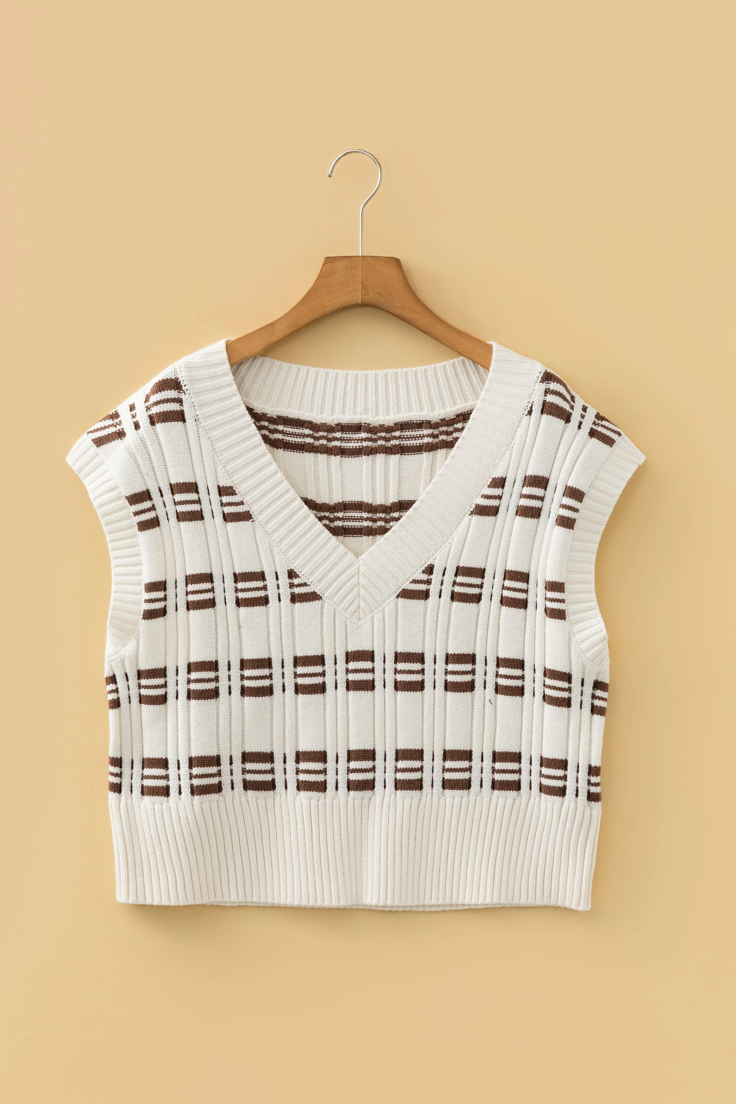 Threaded Pear Womens Florence Cropped Knit Vest - V-Neck, Short Sleeve, White