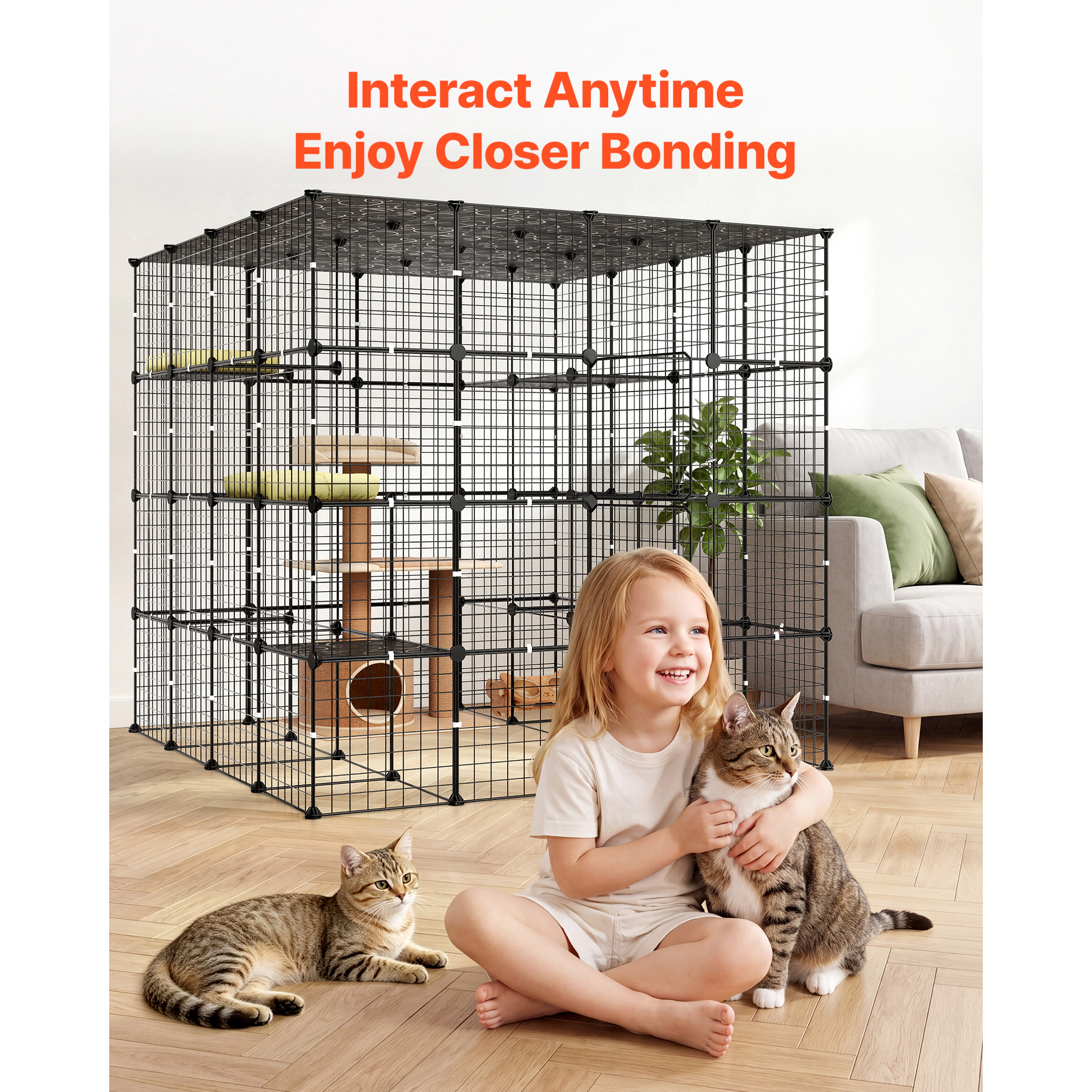 HONGGE 55 x 55 x 55 in 4-Tier Steel Cat Cage Playpen with 3 Doors, Indoor Enclosure for 2-3 Cats, Black