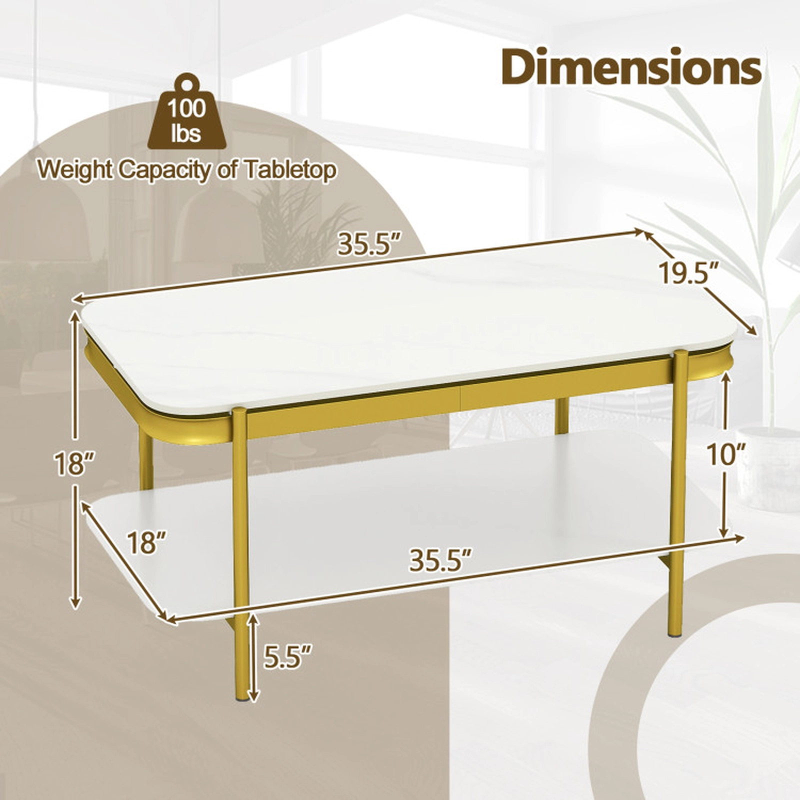 SUGIFT 2-Tier 100-lb Capacity Sintered Stone Top Modern Rectangular Coffee Table with Open Storage Shelf