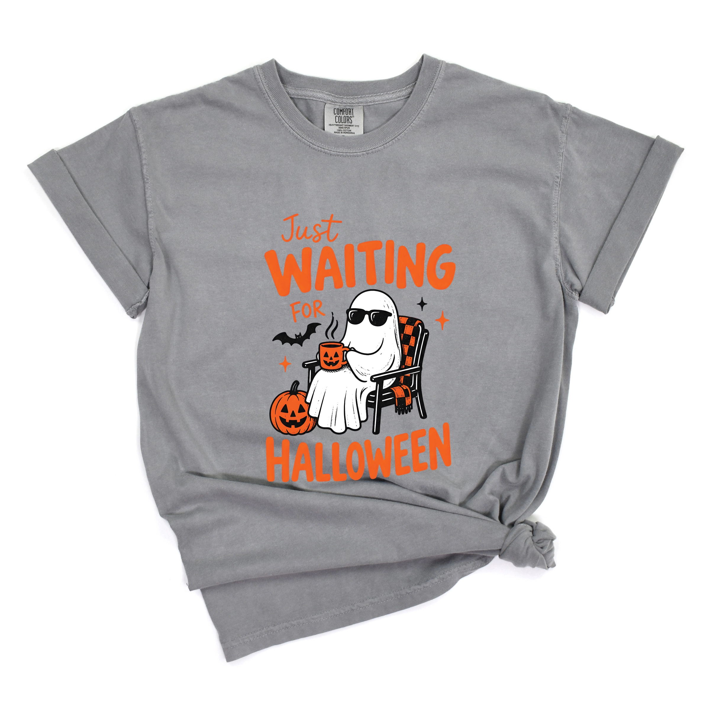 Simply Sage Market - Women's Garment Dyed Graphic T-Shirt Just Waiting For Halloween Ghost