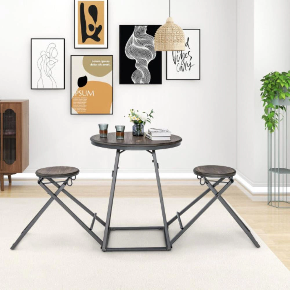 Hivvago 3 Pieces Dining Table Set With 2 Foldable Stools For Small Space-Gray
