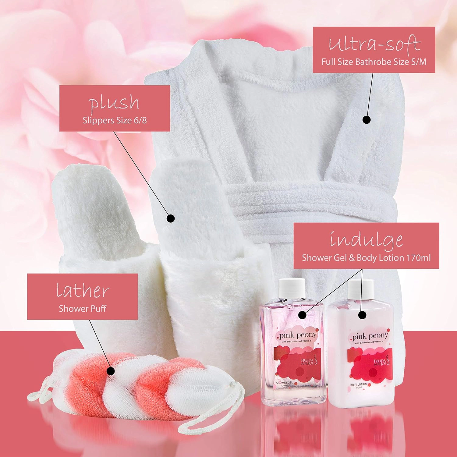 Freida and Joe Womens Luxury Bathrobe & Lush Slipper Spa Set In Pink Peony