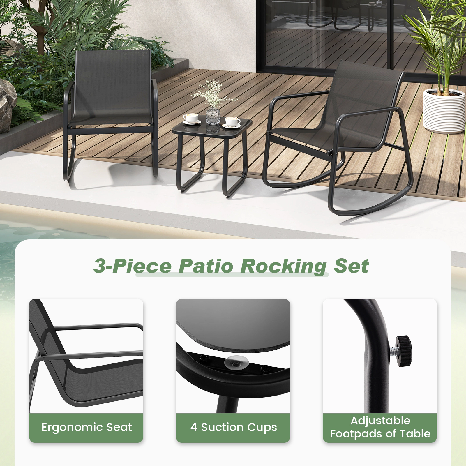 SUGIFT 2 Rocking Chairs and Glass Top Table 3-Piece Patio Bistro Set