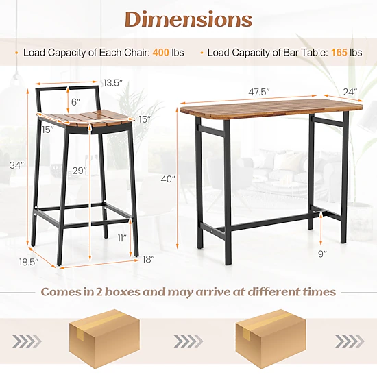 LJG 5 Piece Acacia Wood Bar Table Set Bar Height Table and Chairs with Metal Frame and Footrest