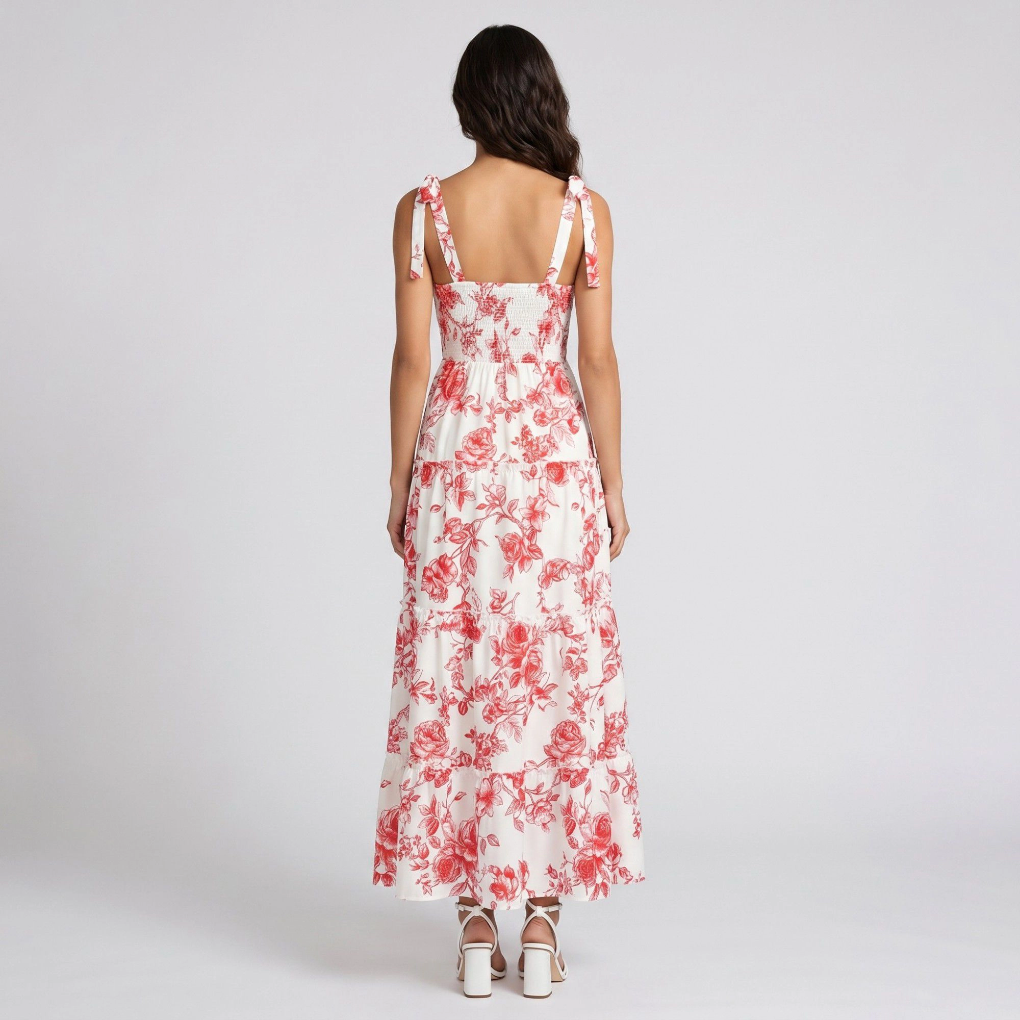 Anna-Kaci Women's Floral Print Tie Shoulder Smocked Bodice Tiered Square Neck A-Line Maxi Dress