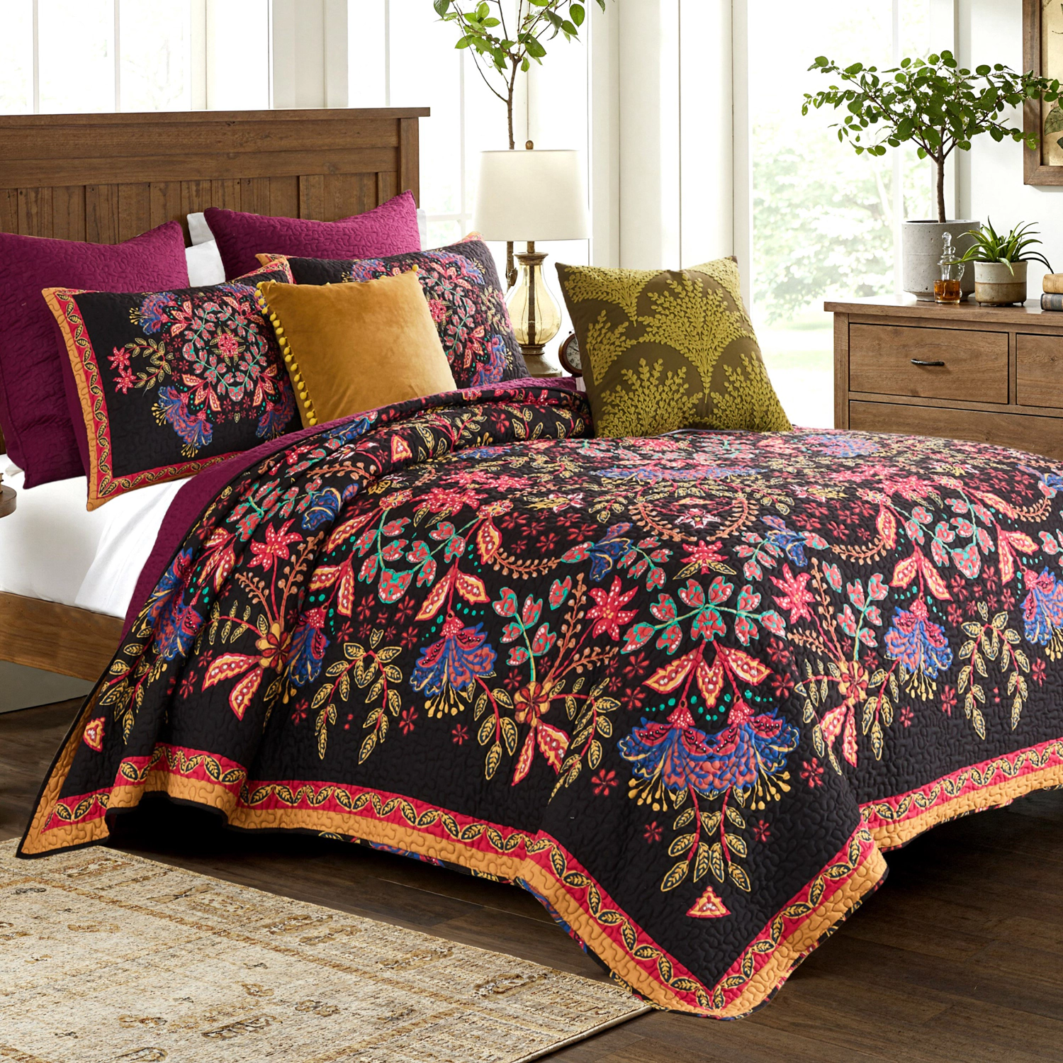 Greenland Home Fashion Microfiber Face Cotton Back Jessa Quilt Set 3-Piece Full/Queen Midnight