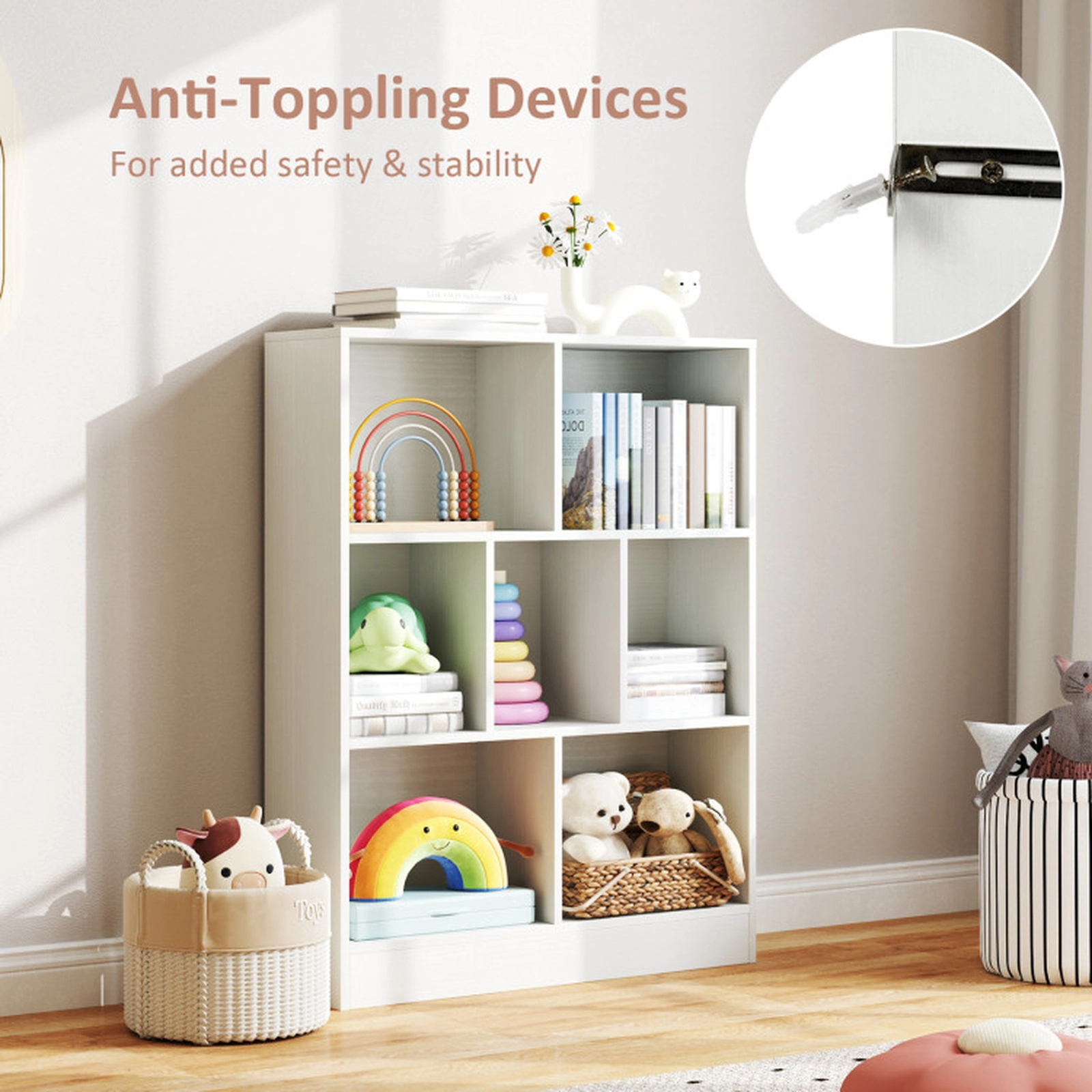 SUGIFT White 7-Cube 265-lb Capacity Freestanding Kids Bookshelf Toy Storage Organizer with 110-lb Top