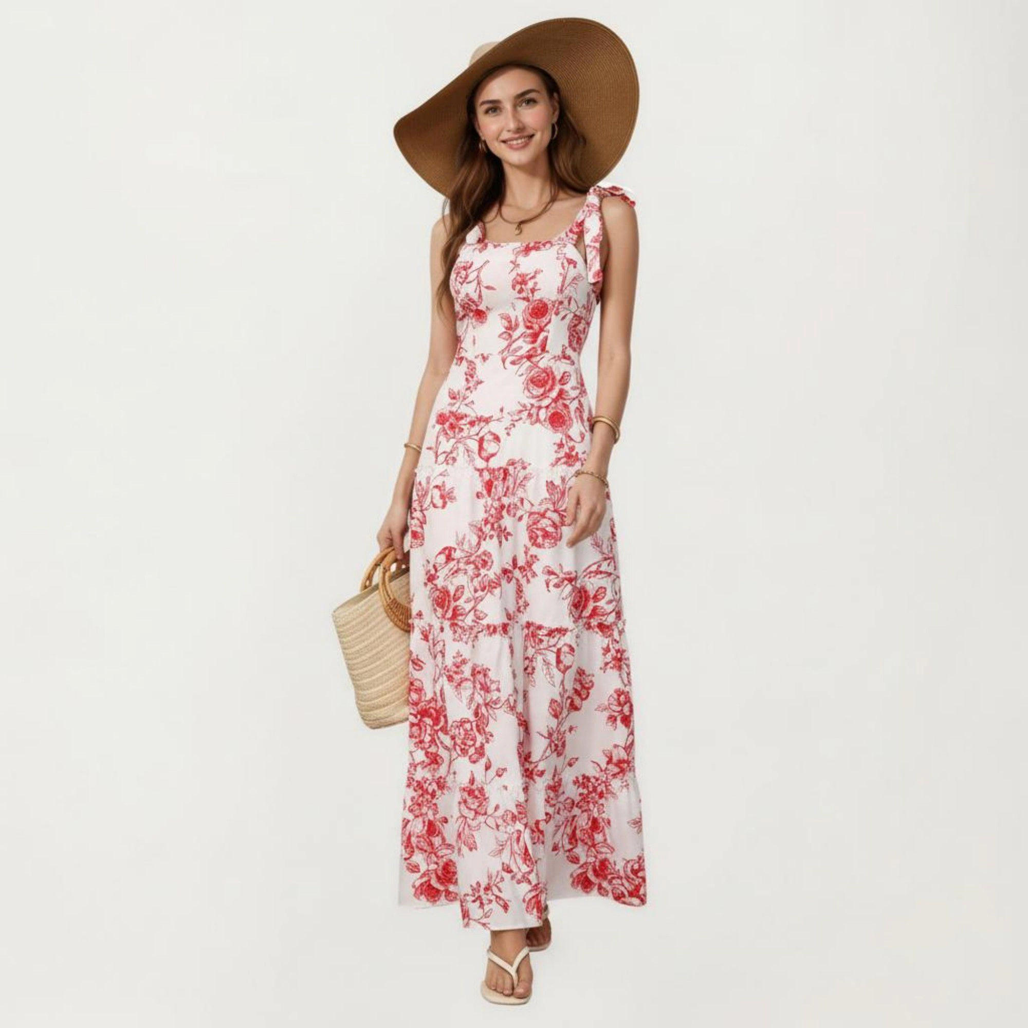 Anna-Kaci Women's Sleeveless Floral Ruffle Strap Detail Square Neck Tiered Skirt Flowy Maxi Dress