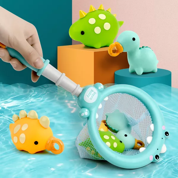 Sperric Fun Dinosaur Fishing Game for Kids 5Pk Magnetic Floating Bath & Pool Toy Set w/ Wind-Up Rods Engaging Water Play