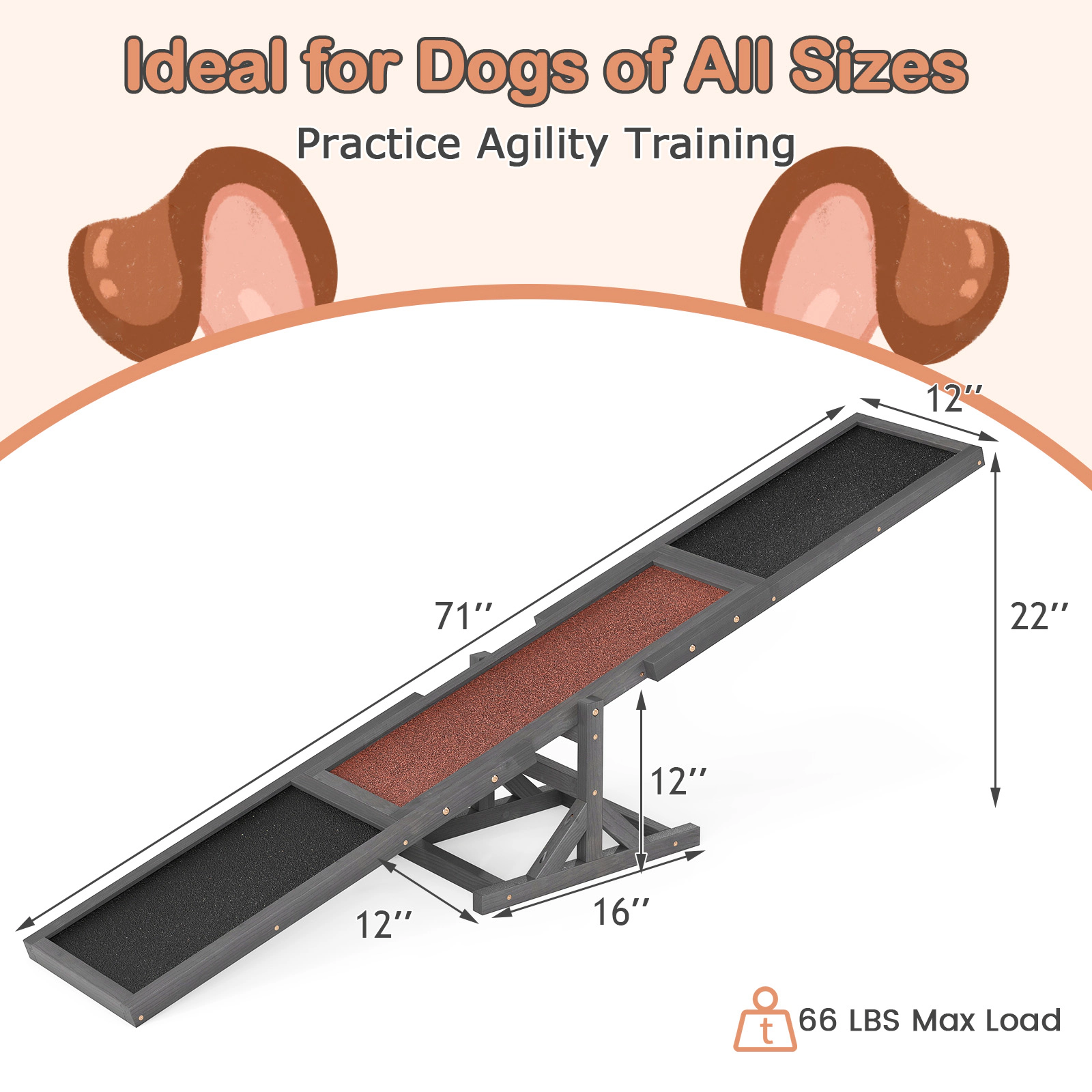 SUGIFT Outdoor Wooden Dog Agility Seesaw Training Ramp 66-lb Capacity Dog Exercise Toy Gray/White
