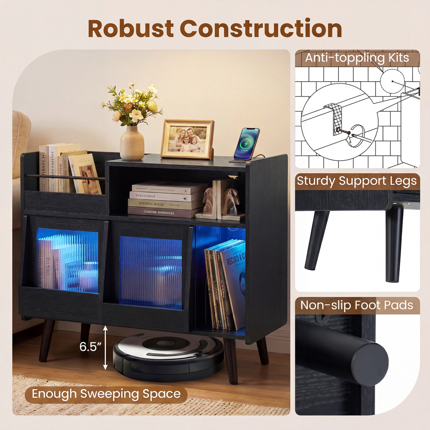 Glintex Record Player Stand with App-Controlled LED Lighting and Sliding Glass Door
