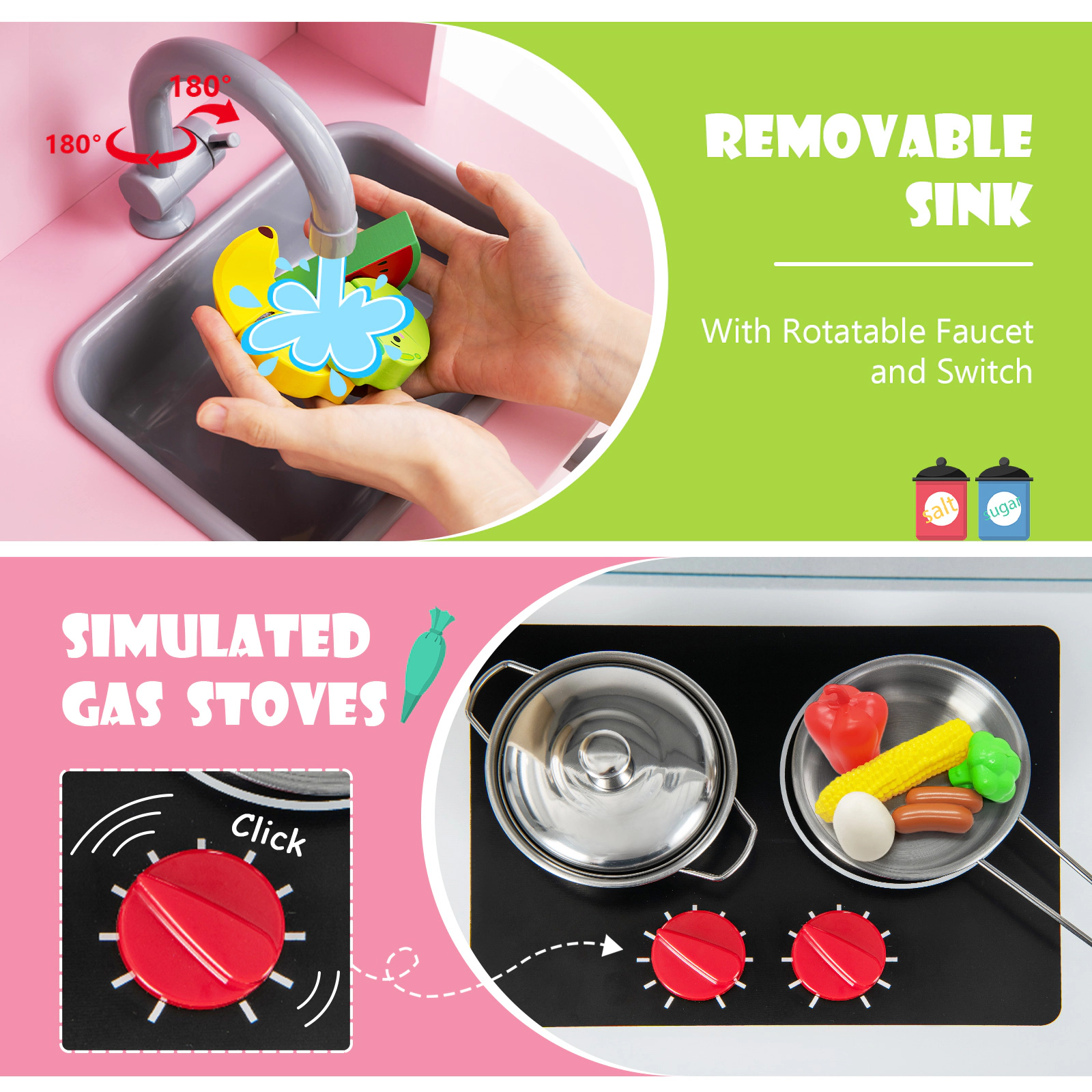 SUGIFT 28-in Pink Wooden Kids Kitchen Playset with Removable Sink Oven and Ice Maker 35.5-in H Ages 3-6