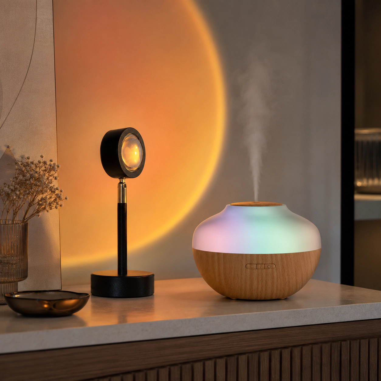 Pursonic Unisex Home Wellness Bundle with Sunset Projector Table Lamp & Essential Oil Aroma Diffuser