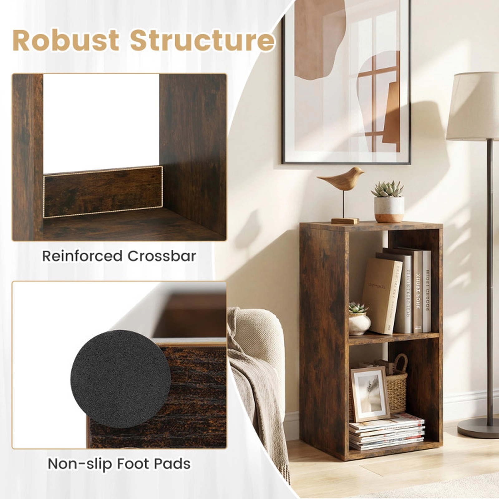 SUGIFT 2-Cube Engineered Wood Bookcase with Back Guardrail 110-lb Capacity 27.5-in Tall 14 x 13 x 27.5 in Rustic Brown
