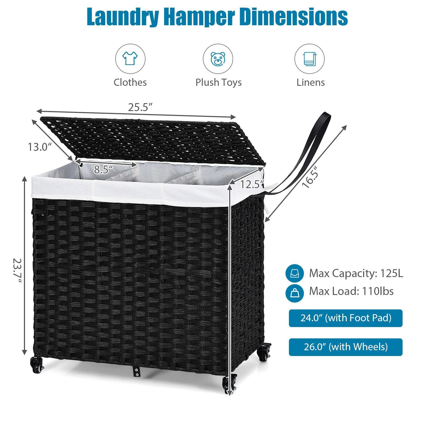 SlickBlue Laundry Basket with Wheels, Steel Frame & 3-Compartment Sorting Bags