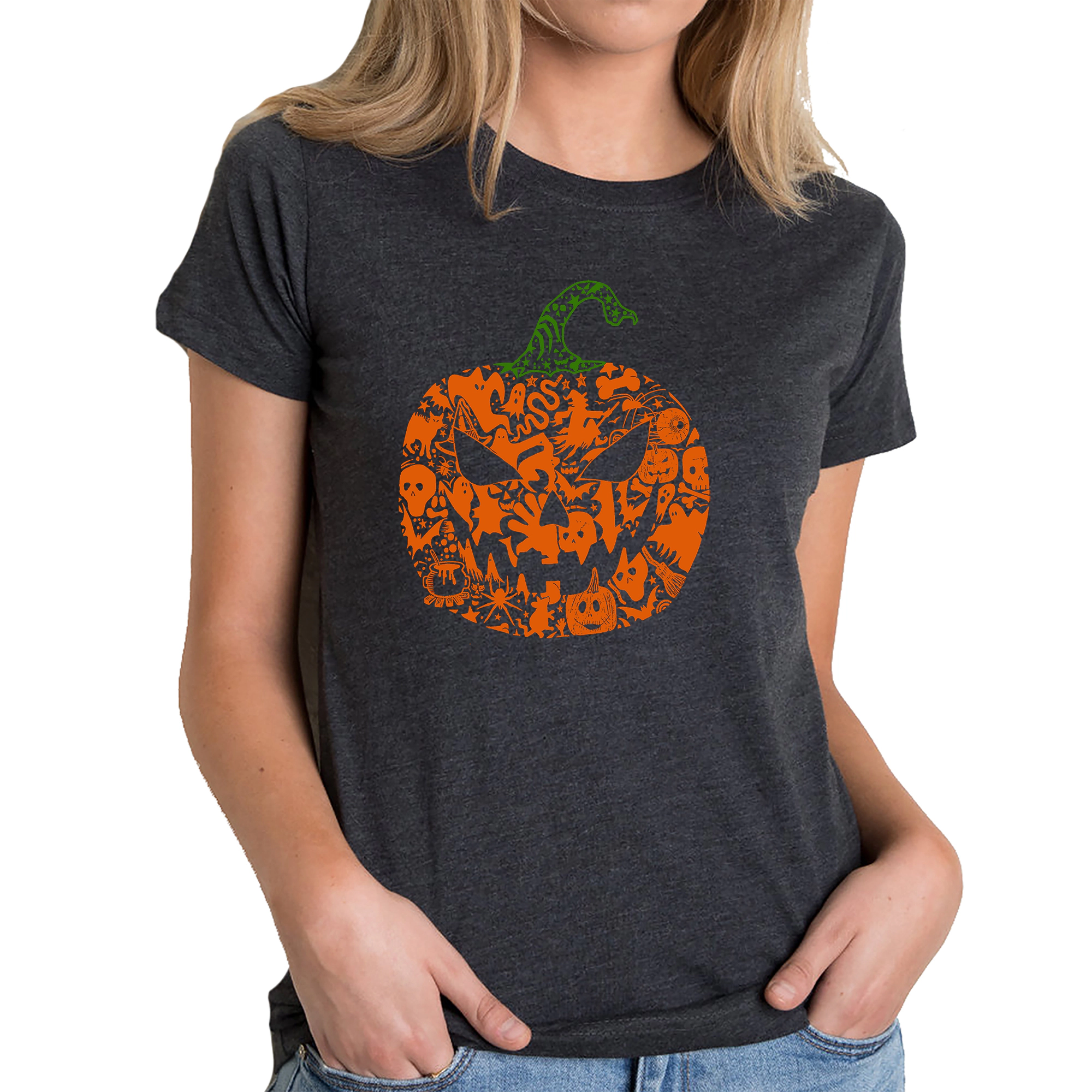 LA Pop Art Women's Cotton/Poly Blend Word T-Shirt - Halloween Pumpkin