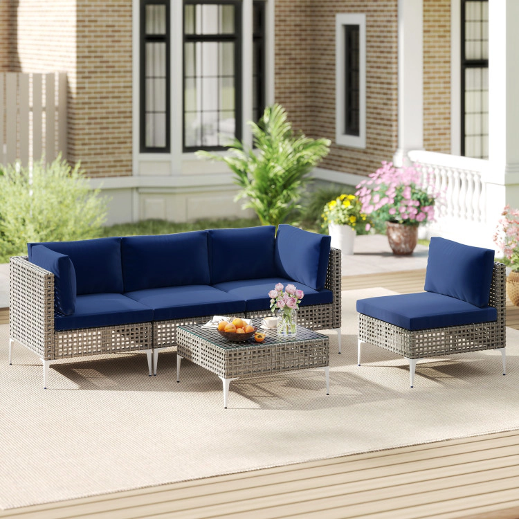 Hivvago 5 Piece Outdoor Furniture Set Patio Rattan Chairs With Tempered Glass Coffee Table