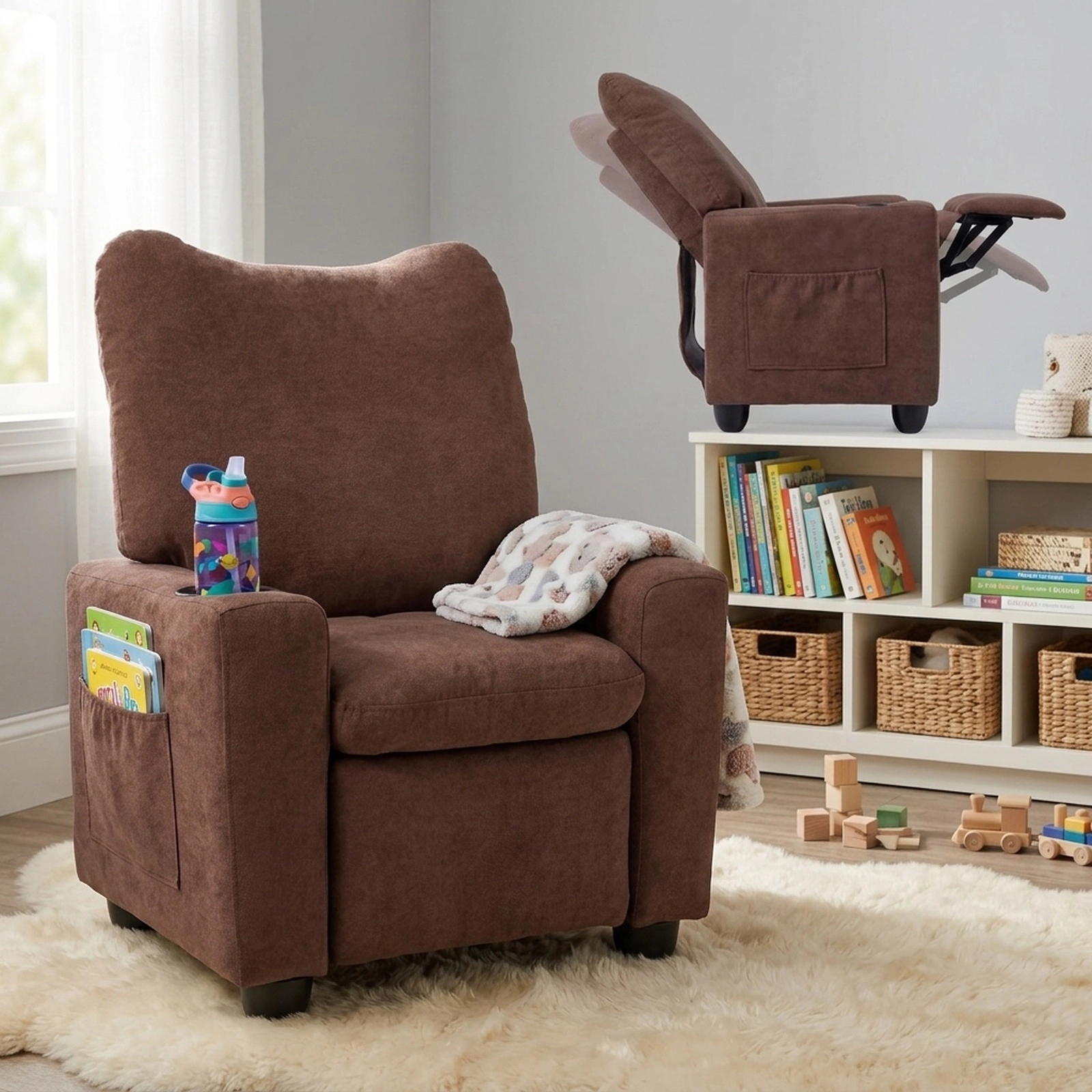 SUGIFT Push-Back Kids Recliner Toddler Single Sofa Chair Adjustable Footrest & Cup Holder 150-lb Capacity Ages 3+ Brown