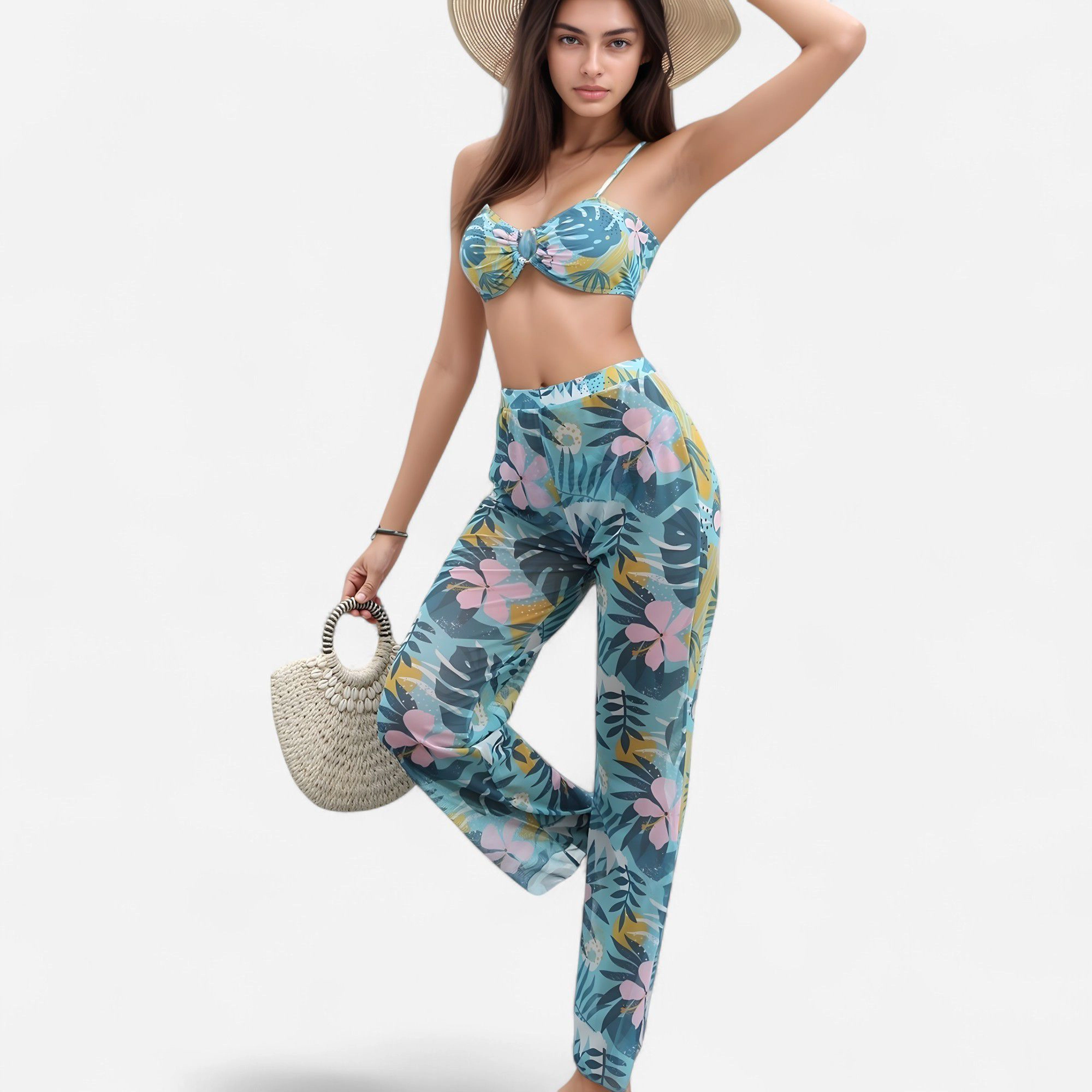 Anna-Kaci Women Tropical Leaf 3-Piece Swimsuit Set - Padded Bikini Top, High-Waist Bottoms, Sheer Wide-Leg Pants