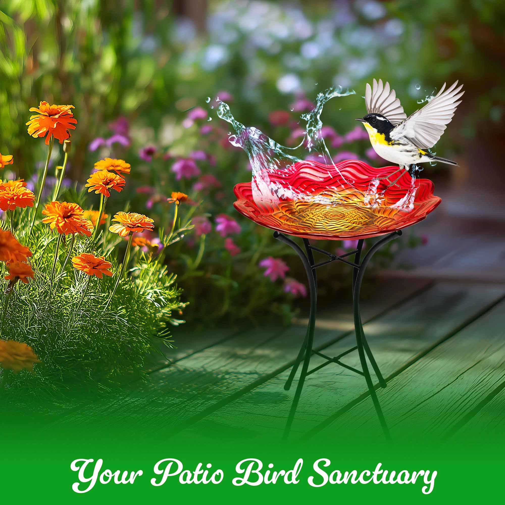 G128 19in Red Painted Glass Bird Bath with Stainless Metal Stand, Outdoor Garden Feeder Bowl
