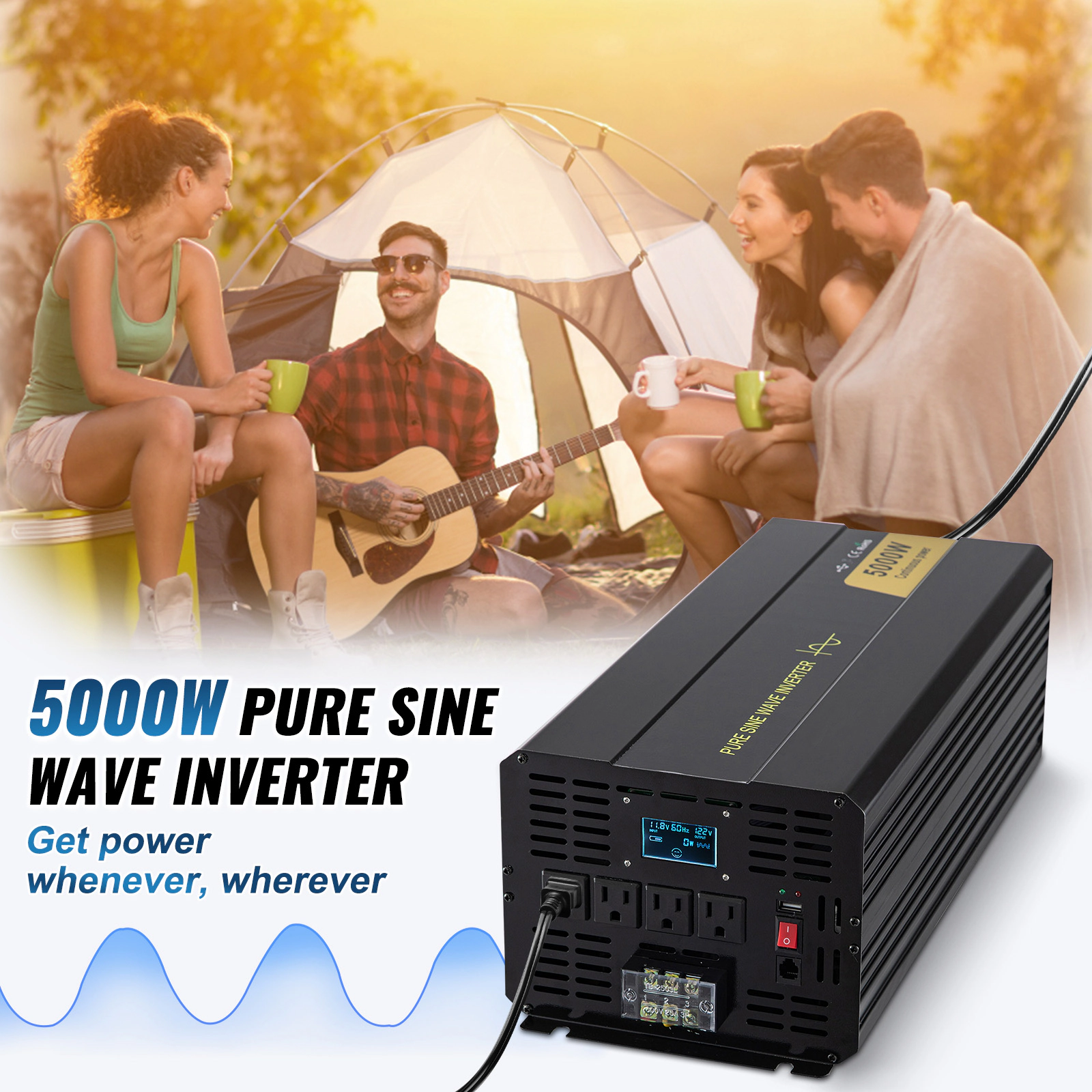 HONGGE Pure Sine Wave Inverter Power Inverter DC 12V to AC 120V Car Inverter with USB Port LCD Display and Remote