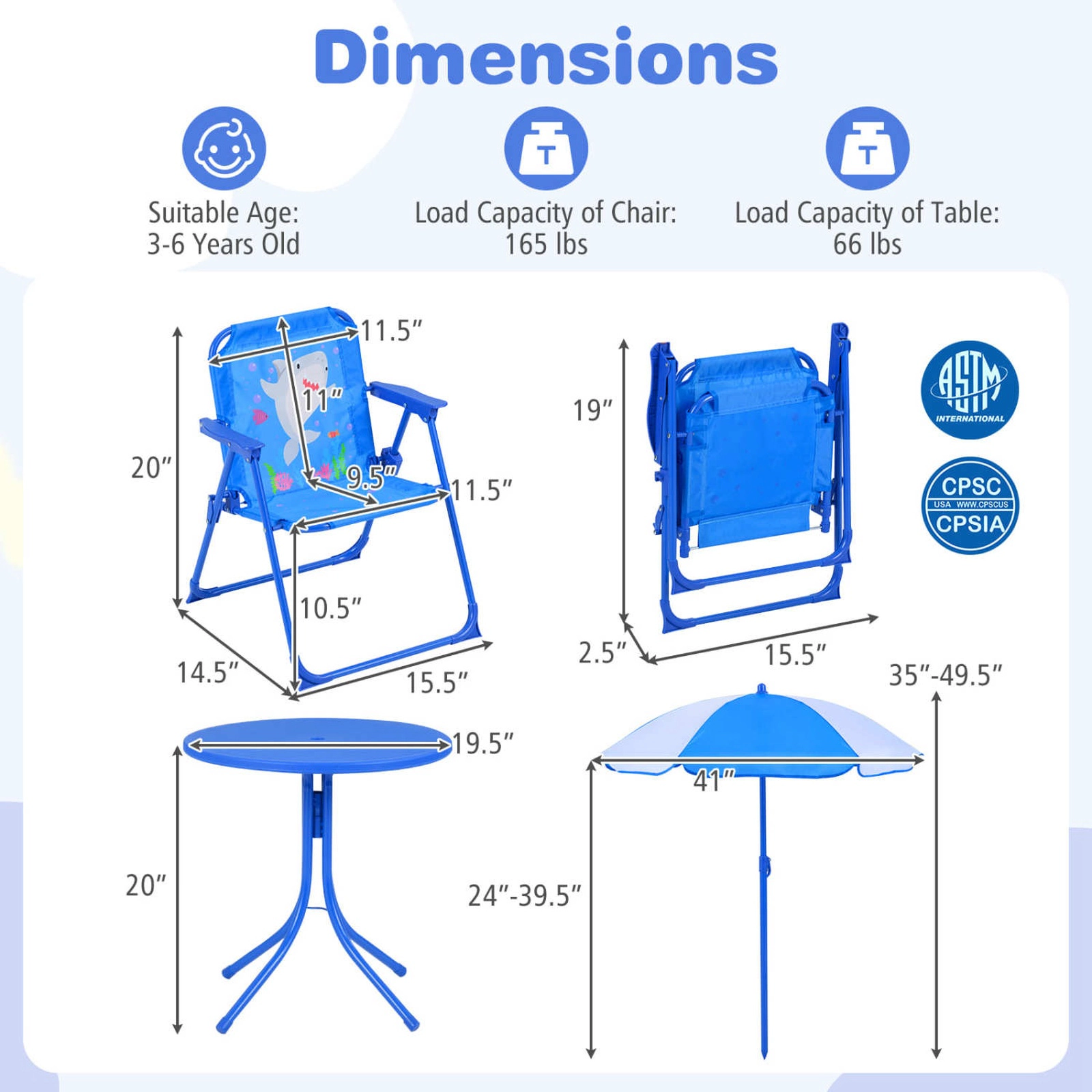 SUGIFT Kids Outdoor Table & 2 Folding Chairs Set Height Adjustable Umbrella 165-lb Chair Capacity 66-lb Table Capacity
