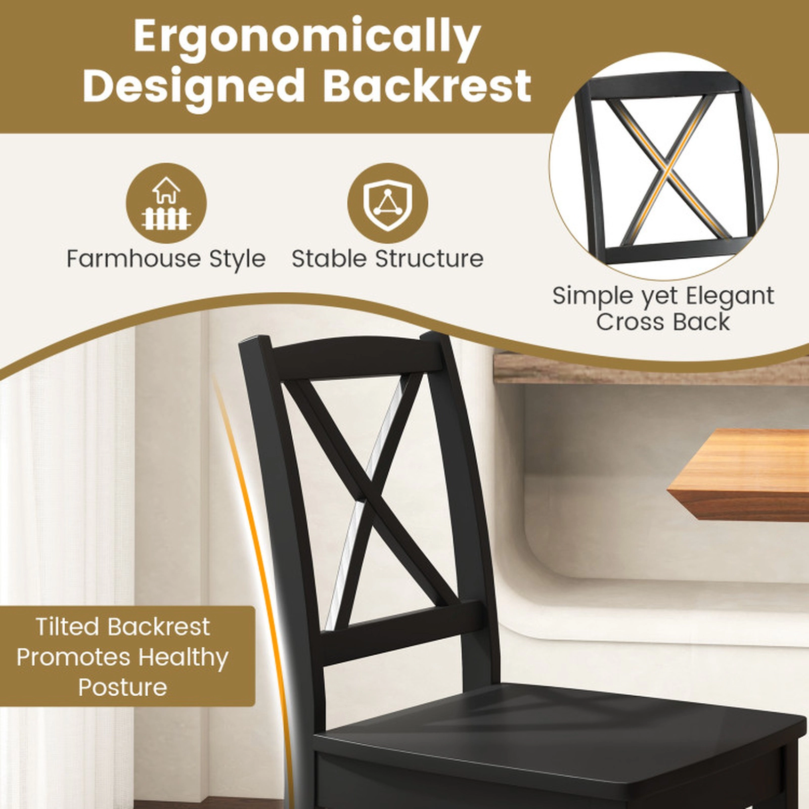 SUGIFT Set of 2 400-lb Capacity Black Farmhouse Cross Back Wood Dining Chairs with Rubber Wood Legs