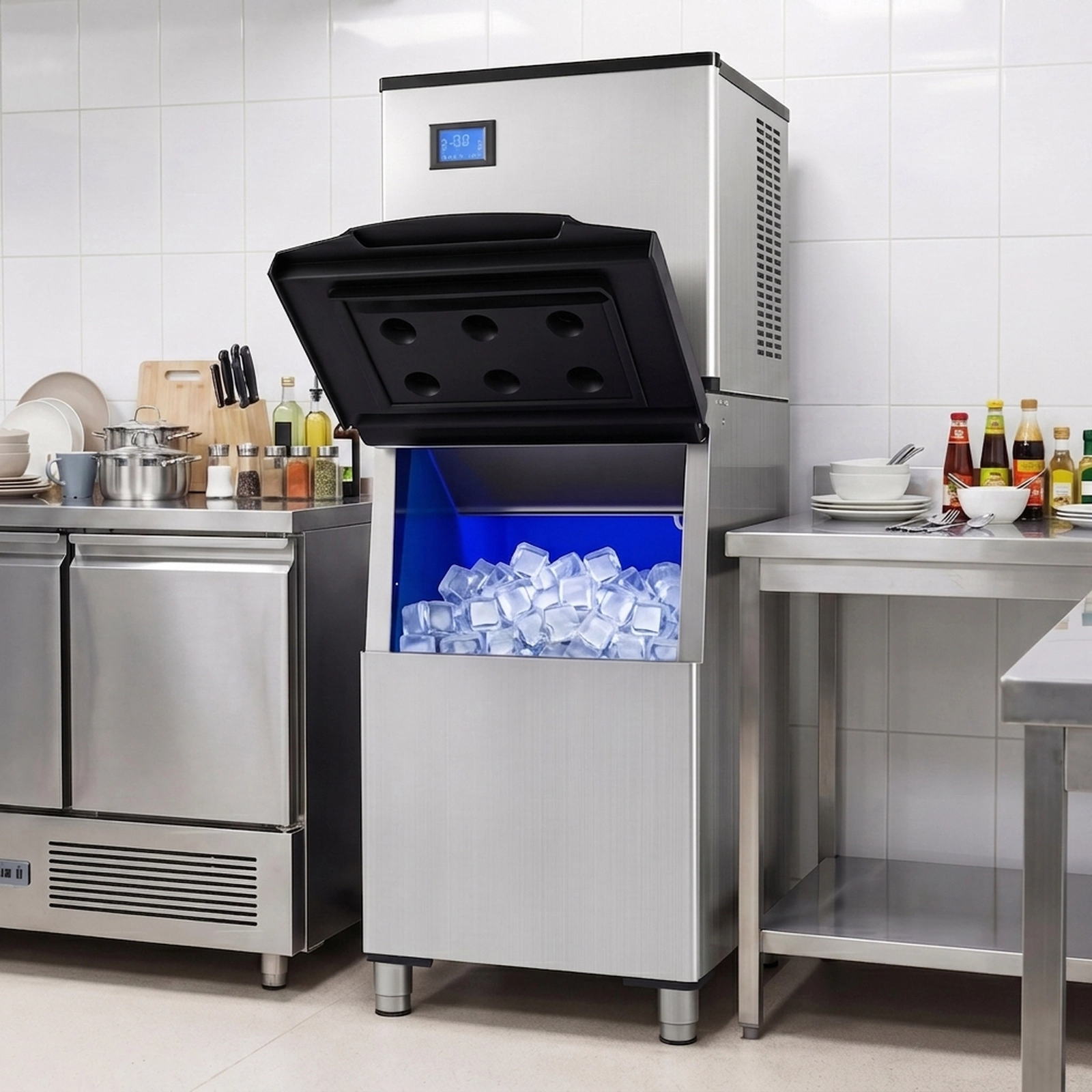 SUGIFT Freestanding Commercial Ice Maker with 450-lb Daily Output 250-lb Storage Bin and LCD Panel