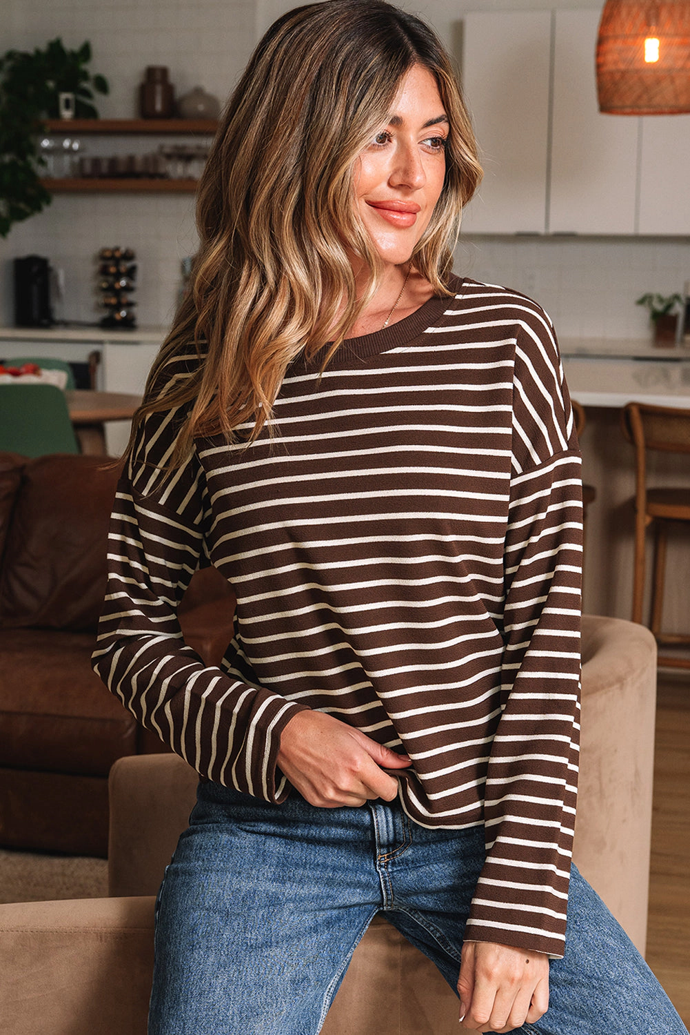 Threaded Pear Women's Ember Stripe Ribbed Cropped Crew Neck Top