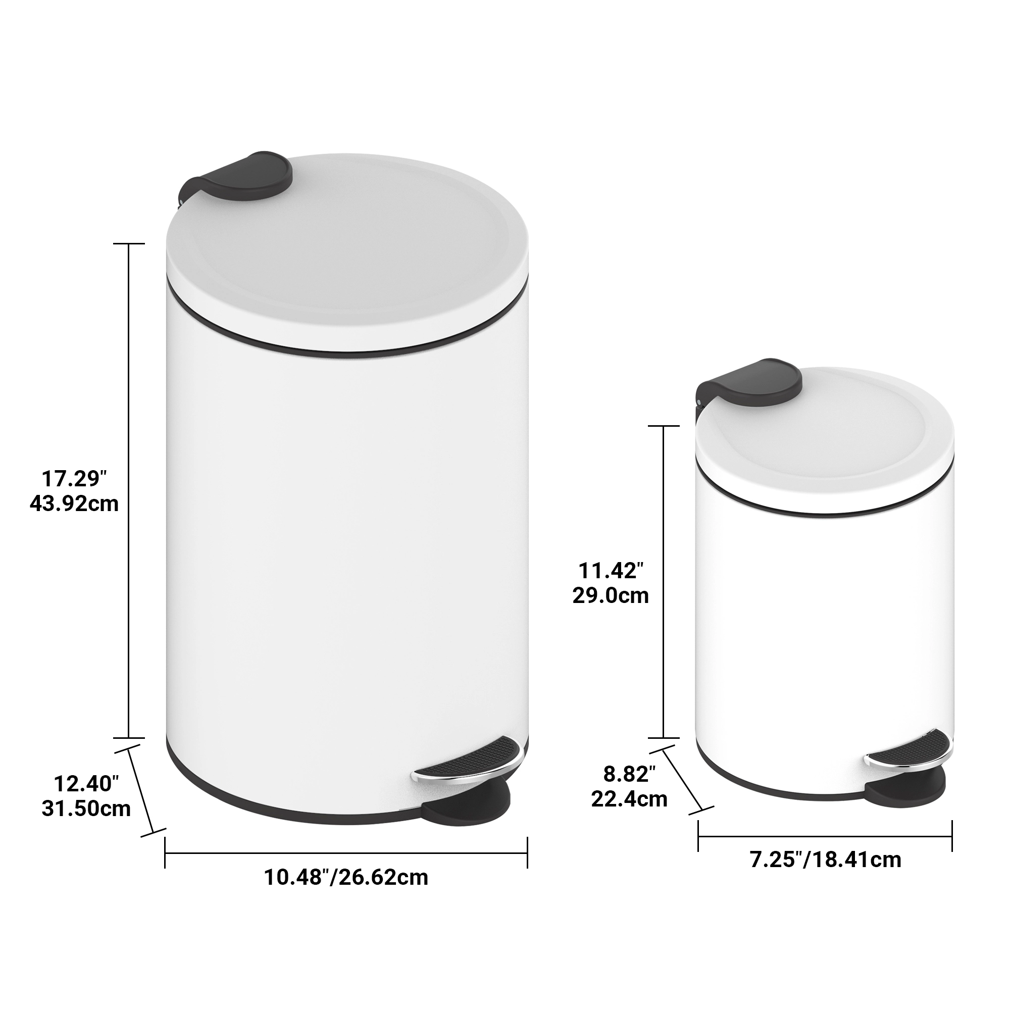 Innovaze 3.2 Gal./12-Liter and 0.8 Gal./3 Liter Stylish Round White Metal Step-on Trash Can Set