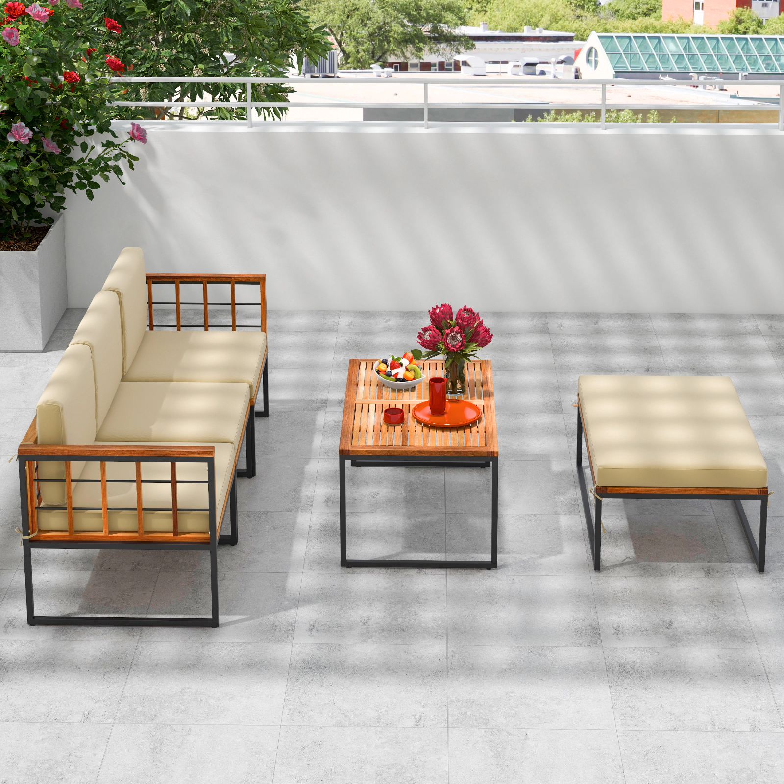 LJG 5 Pieces Patio Furniture Set Acacia Wood Sectional Set with Heavy-Duty Metal Frame