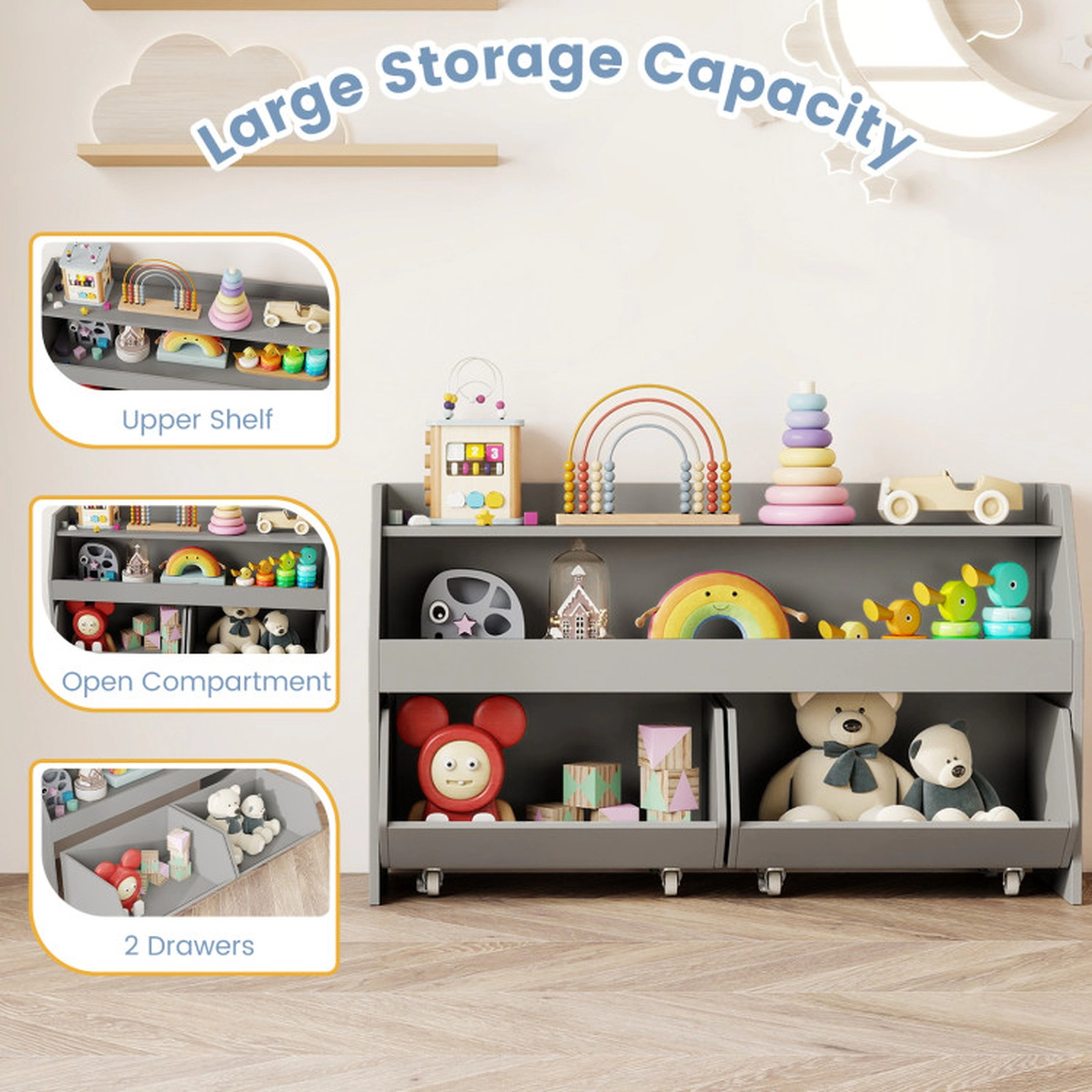 SUGIFT Kids 2 Movable Drawers Lockable Wheels Wooden Toy Storage Bookcase 40-in x 12-in x 23.5-in 176-lb Gray