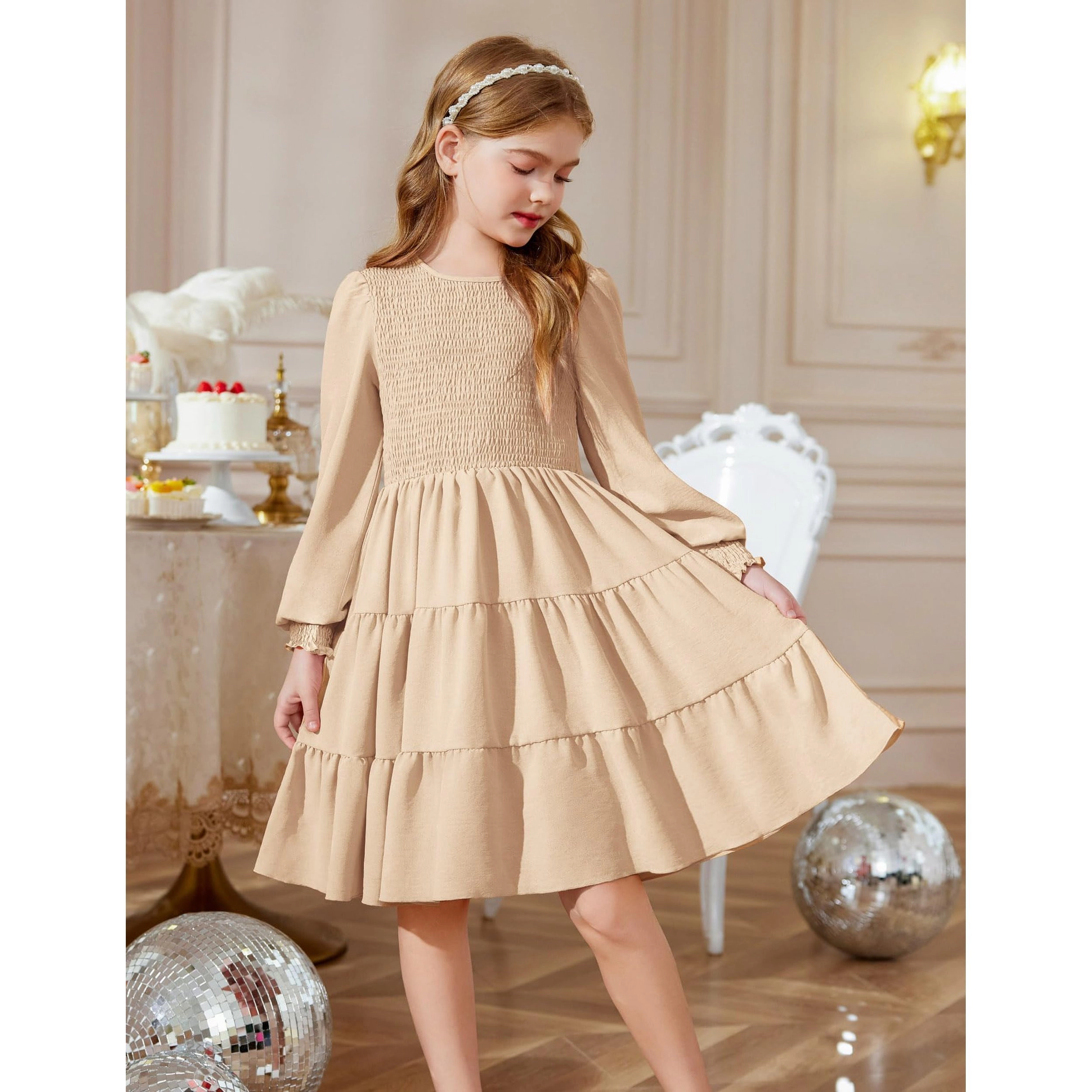 Arshiner Girls Dress Fall Boho Long Sleeve Shirred Smocked Tiered Party Dresses With Pockets