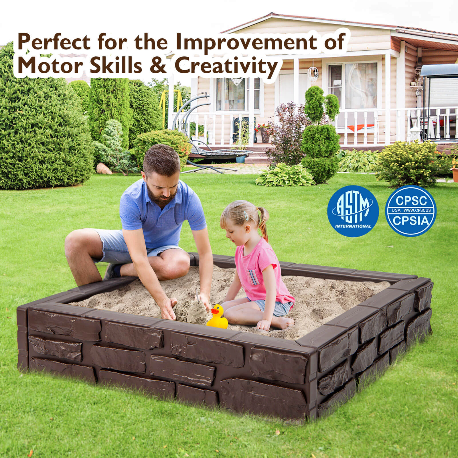 SUGIFT Brown Oxford Cover and Bottom Liner 2-in-1 HDPE Kids Sandbox
