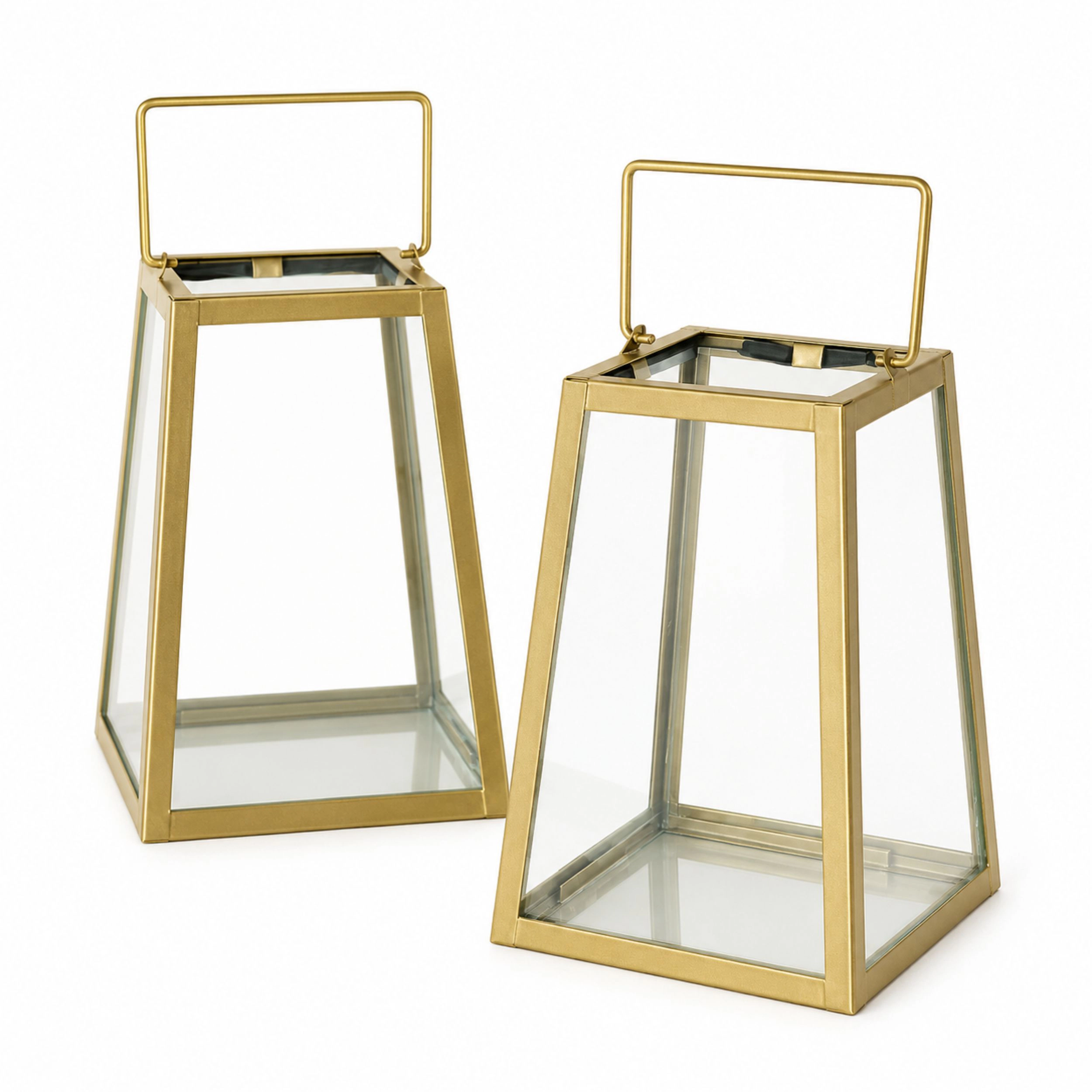 Home Collection Gold Clear Geometric Glass Lantern Candle Holders Set of 2