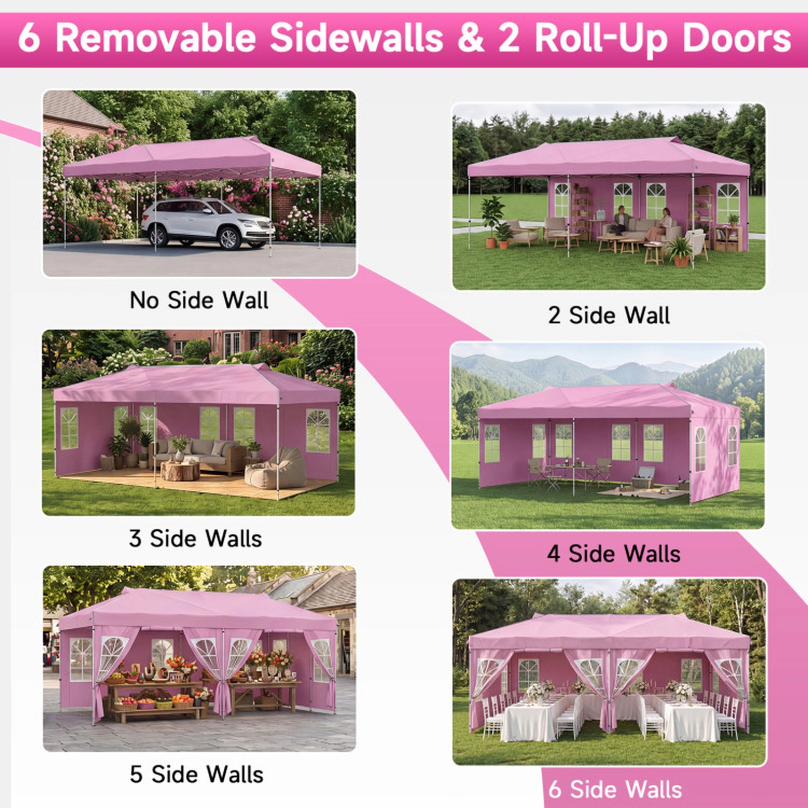 SUGIFT Pink 10-ft by 20-ft 3-Level 210D Oxford Pop Up Canopy Tent with 6 Sidewalls and Zippered Doors