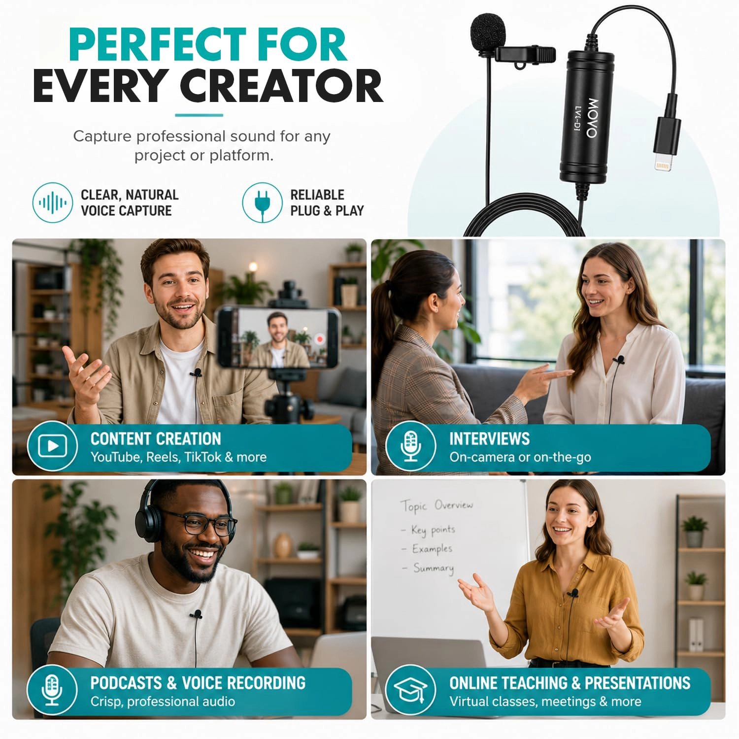 Movo LV1-DI Lavalier Microphone for iPhone and iPad – MFi Certified Lightning Clip-On Mic – 20ft Cable