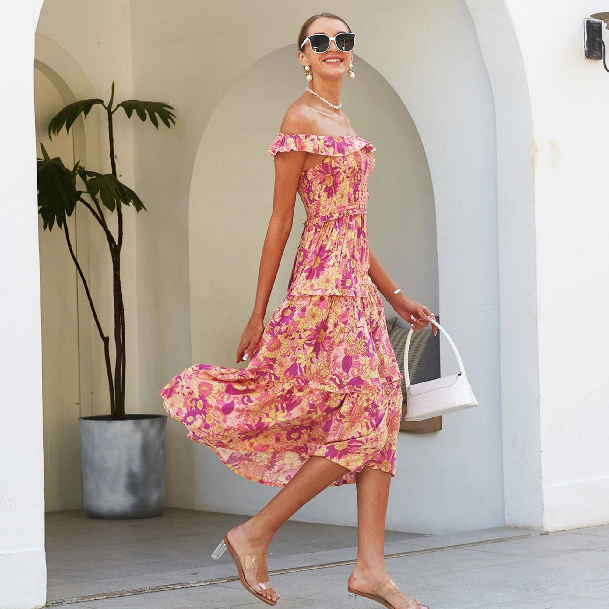 Anna-Kaci Women's Smocked Chest Ruffle Strap Floral Print Hem Maxi Dress