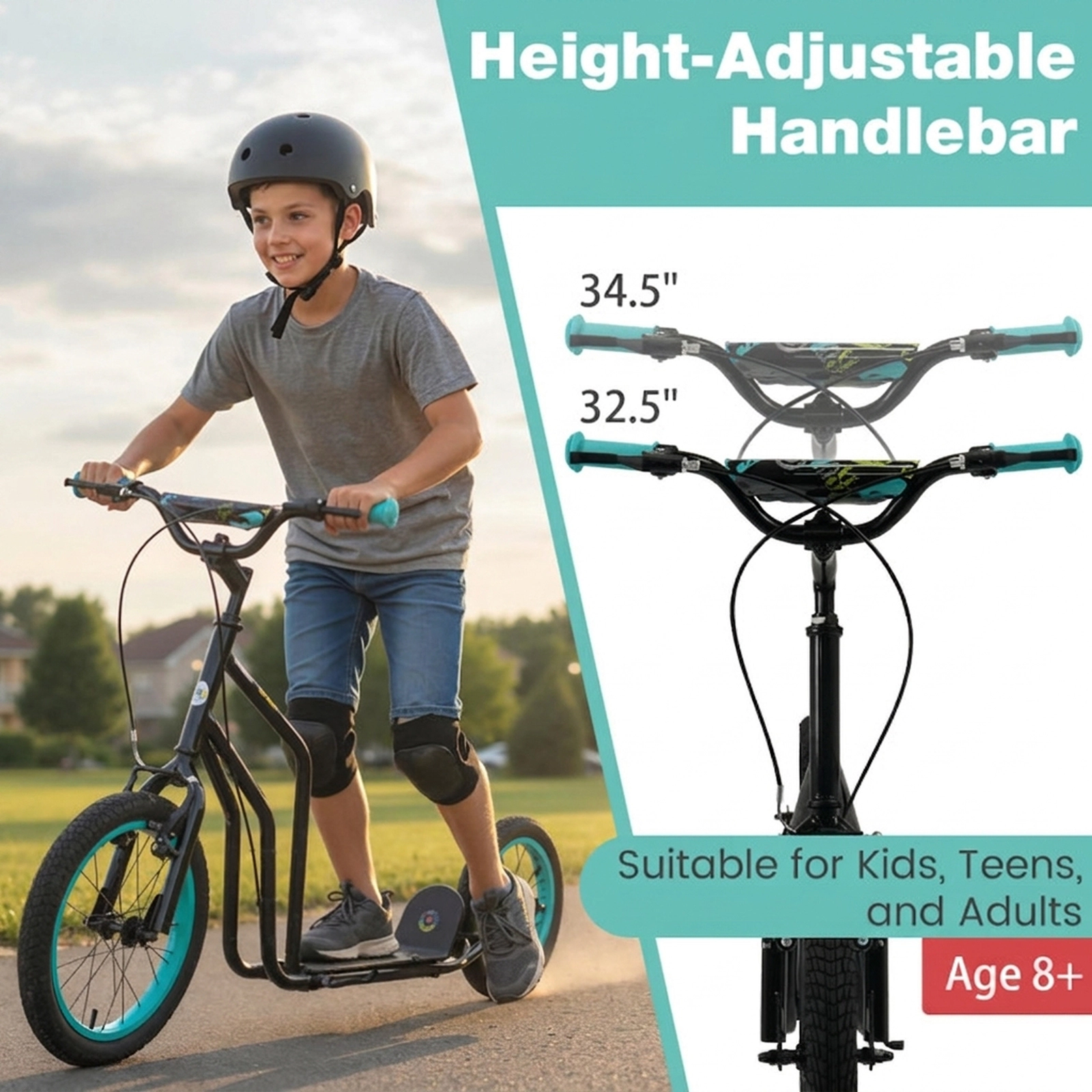 SUGIFT Youth Scooter with Adjustable Handlebar and 16/14-in Inflatable Wheels 110-lb Capacity Ages 8+ Black