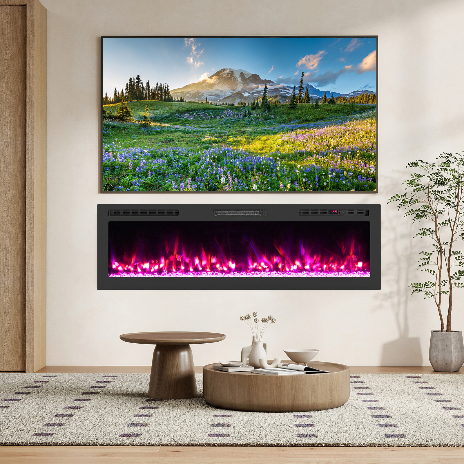 SUGIFT 60-in Smart App Control 12 Flame Colors Recessed Electric Fireplace 60-in x 3.94-in x 18.11-in 1500W Black