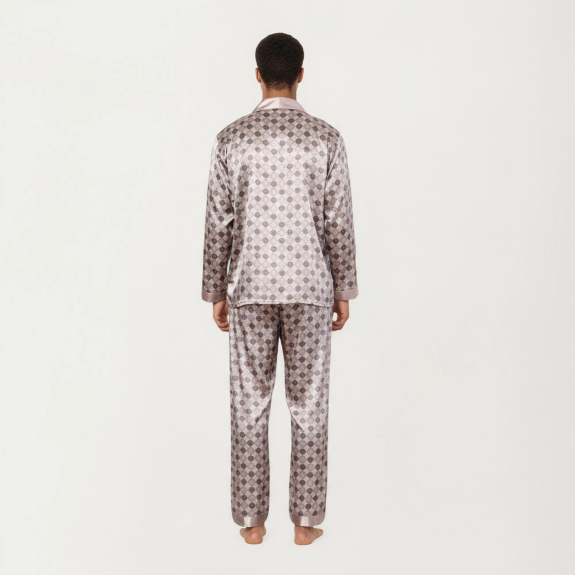 Anna-Kaci Men's 2-Piece Satin Pajamas with Geometric Check Print and Contrast Trim Details