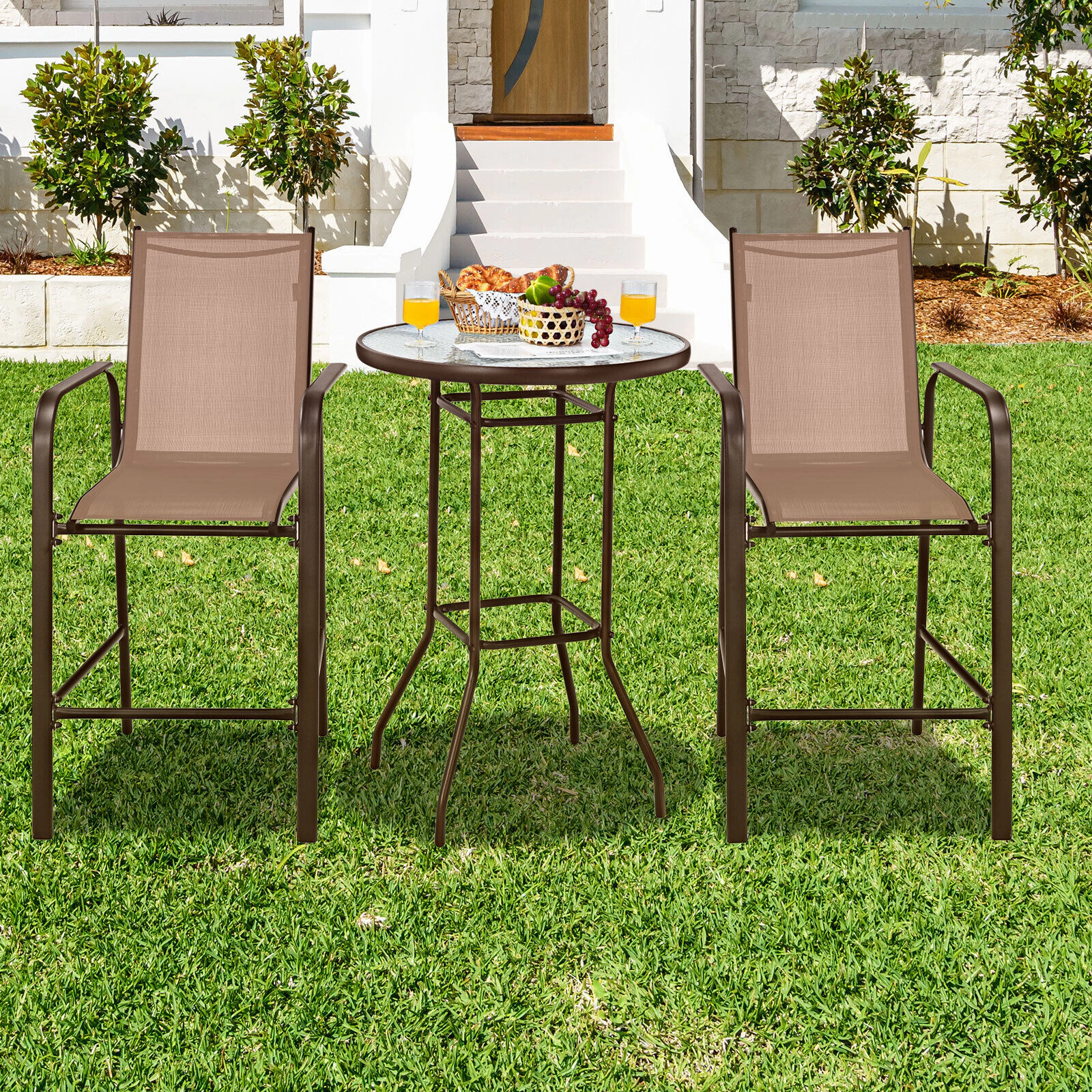 SUGIFT Brown Tempered Glass Top and Footrests 3-Piece Outdoor Bar Table and Stool Set