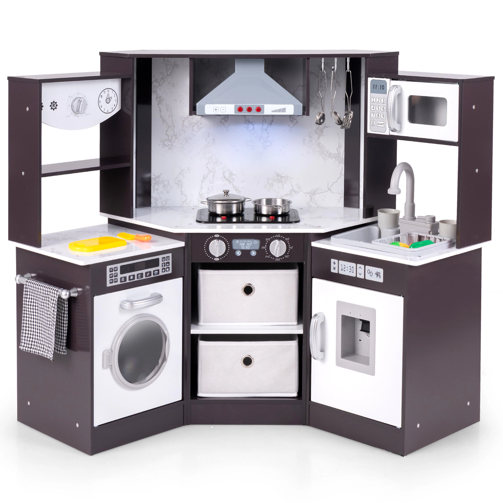 LJG Wooden Kids Play Kitchen Playset with Realistic Lights and Sounds
