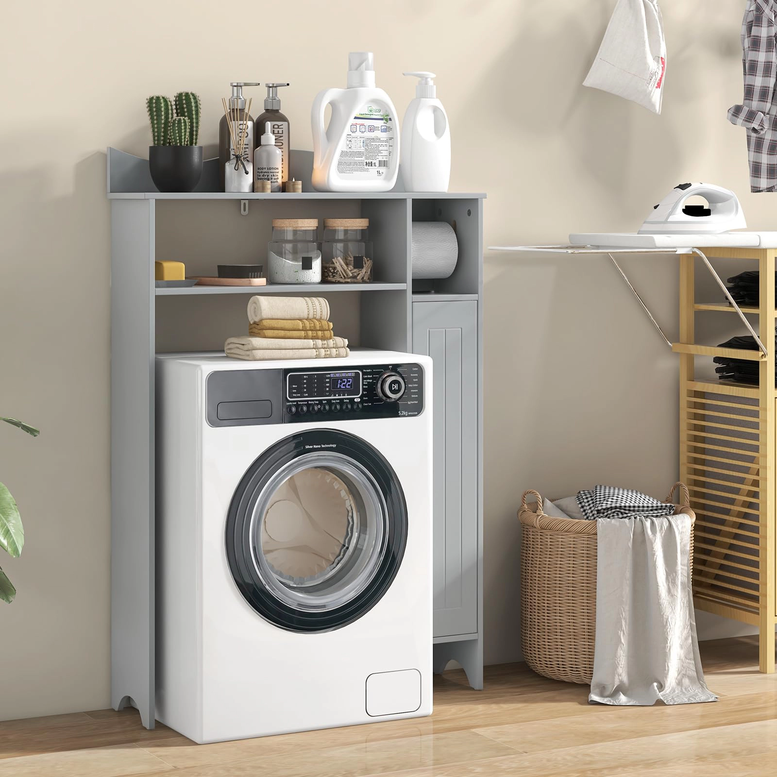 Glintex Over-the-Toilet Cabinet with Toilet Paper Holder and Protective Top Baffle, Gray