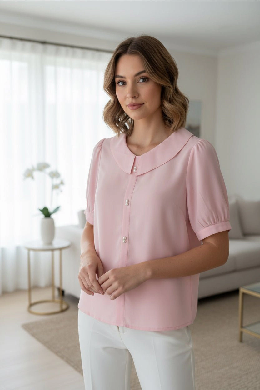 DressAtR Women's Pink Split Round Collar Pearl Detail Puff Sleeve Blouse