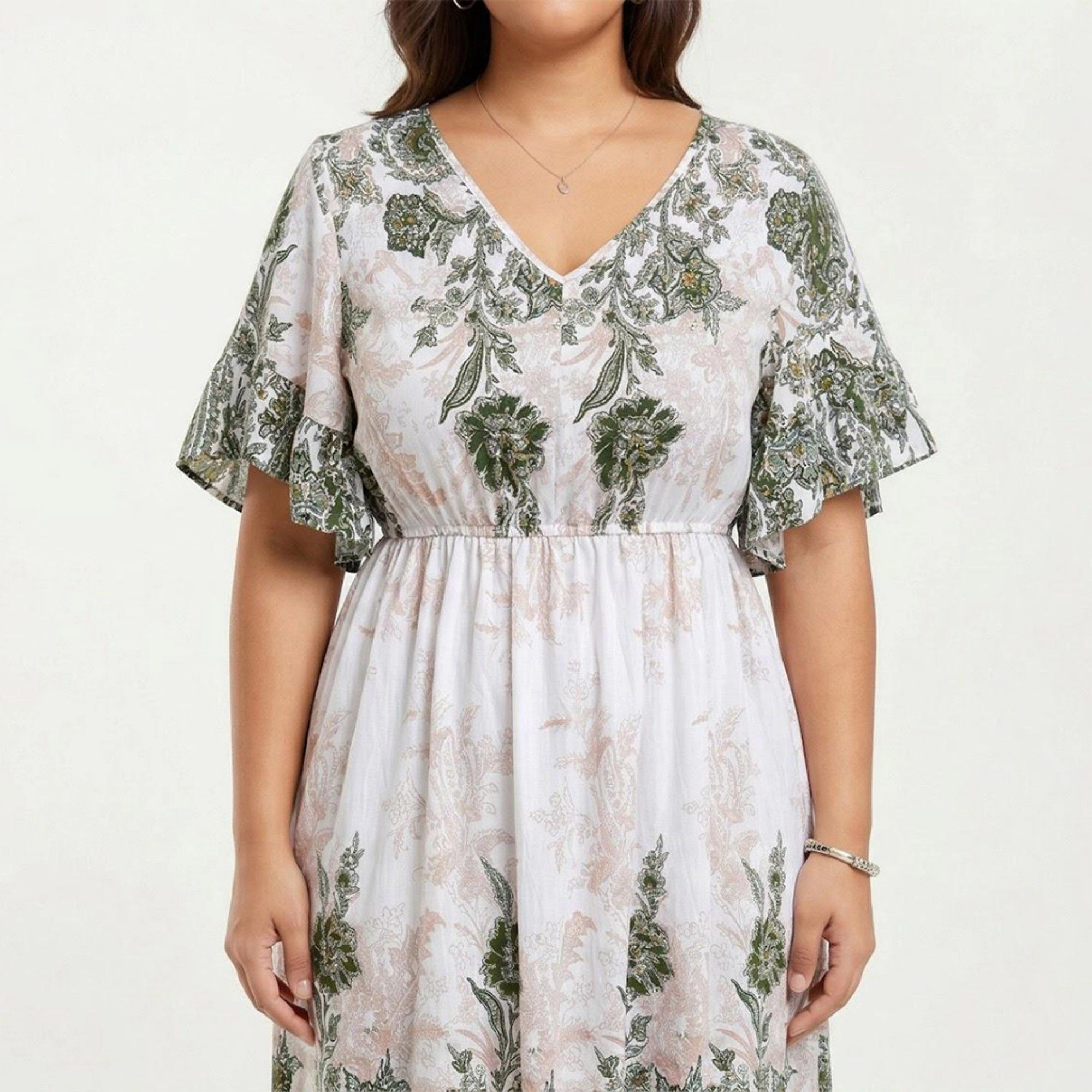 Anna-Kaci Women's Short Sleeve V Neck Elastic Waist All Over Floral Print Flowy Fit Casual Midi Dress
