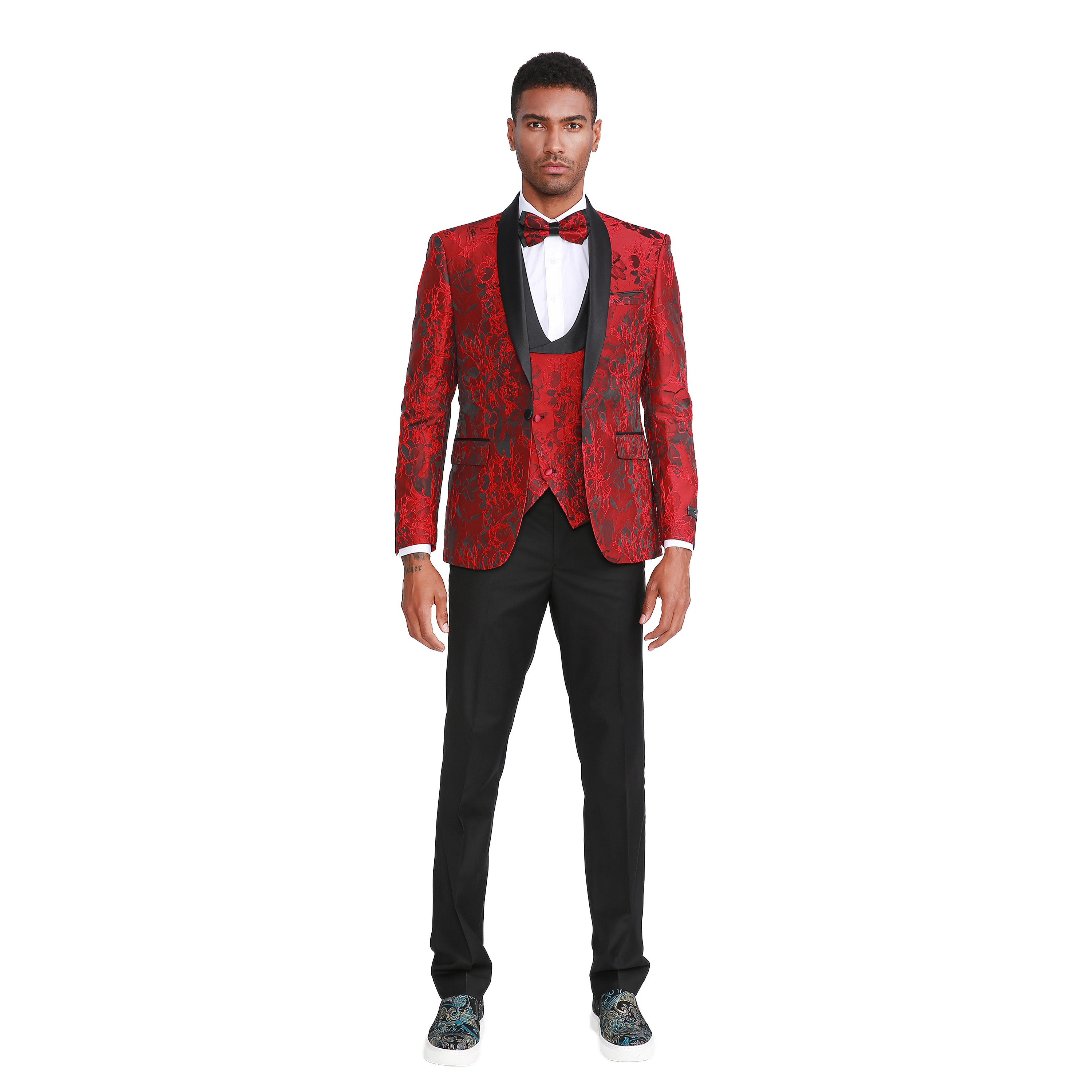 Tazzio Mens Skinny Fit Floral Jacquard Fashion 3pc Suit Set With Bowtie