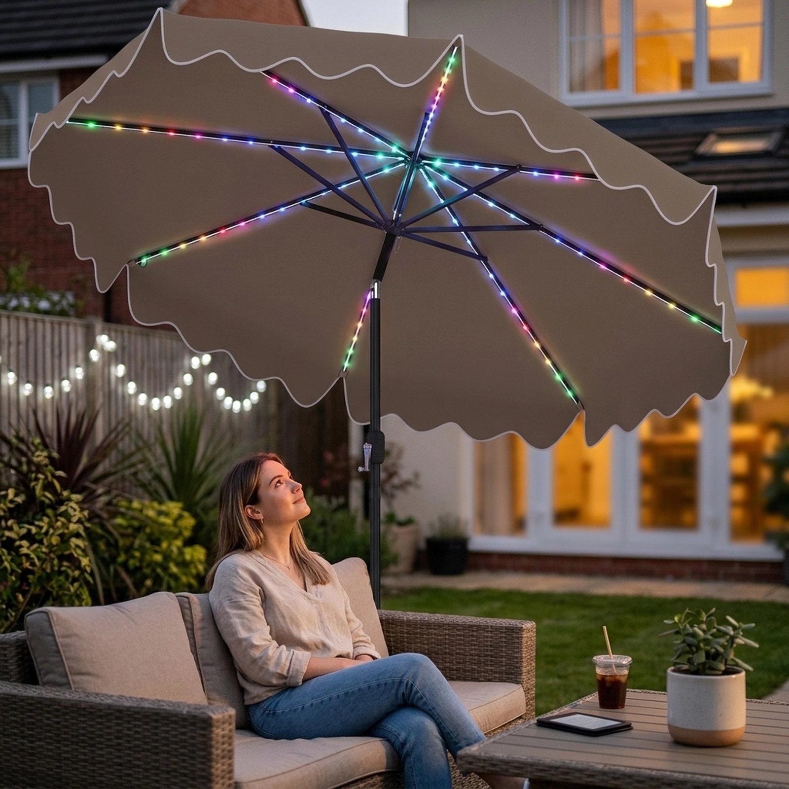 SUGIFT 9-ft Solar Patio Umbrella with Color-Changing LED Lights 104-LED 12-Mode Canopy with Crank and Tilt Brown