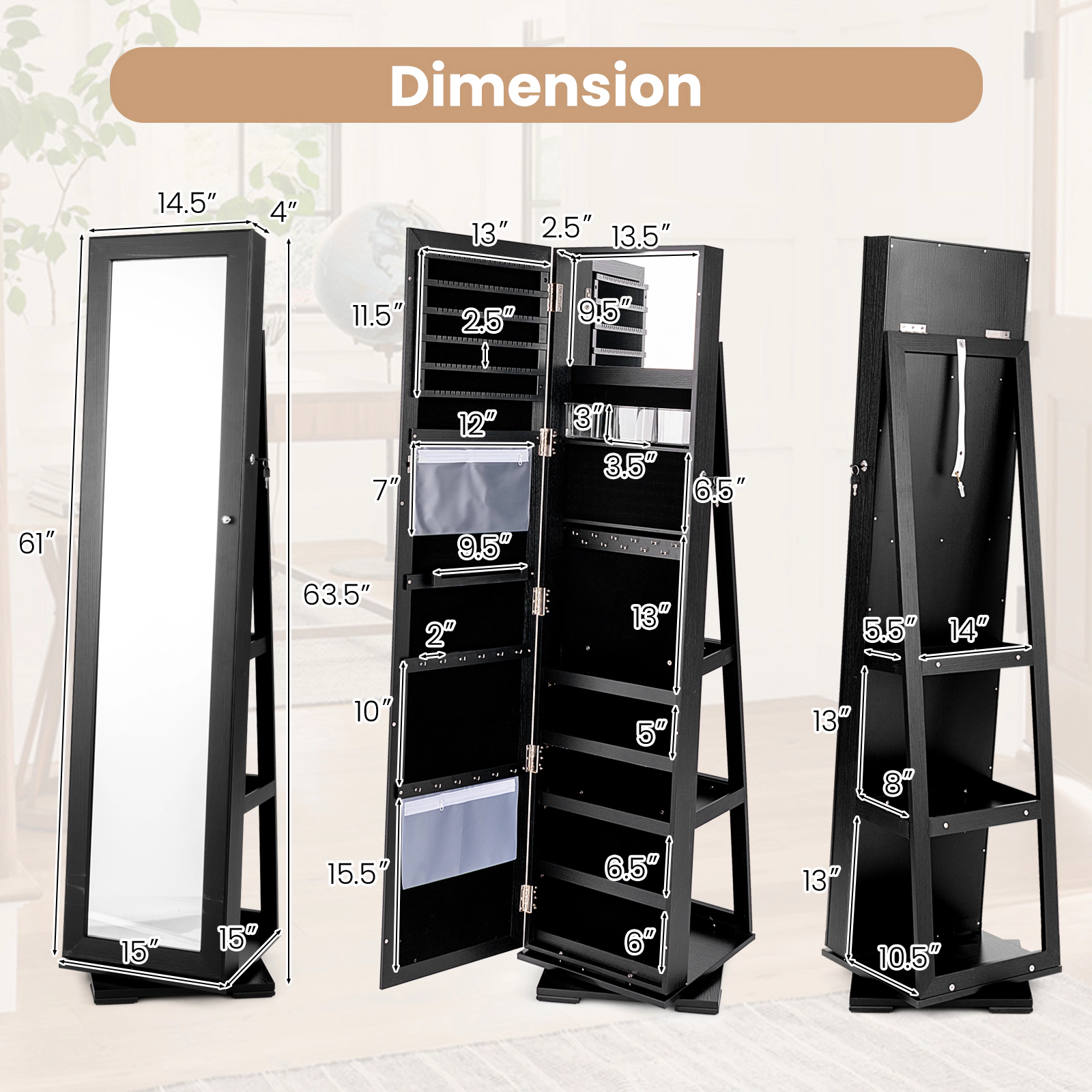 SUGIFT 63.5-in Black 360-Degree Swivel Jewelry Cabinet with Full-Length Mirror 100 Earring Slots and Hooks